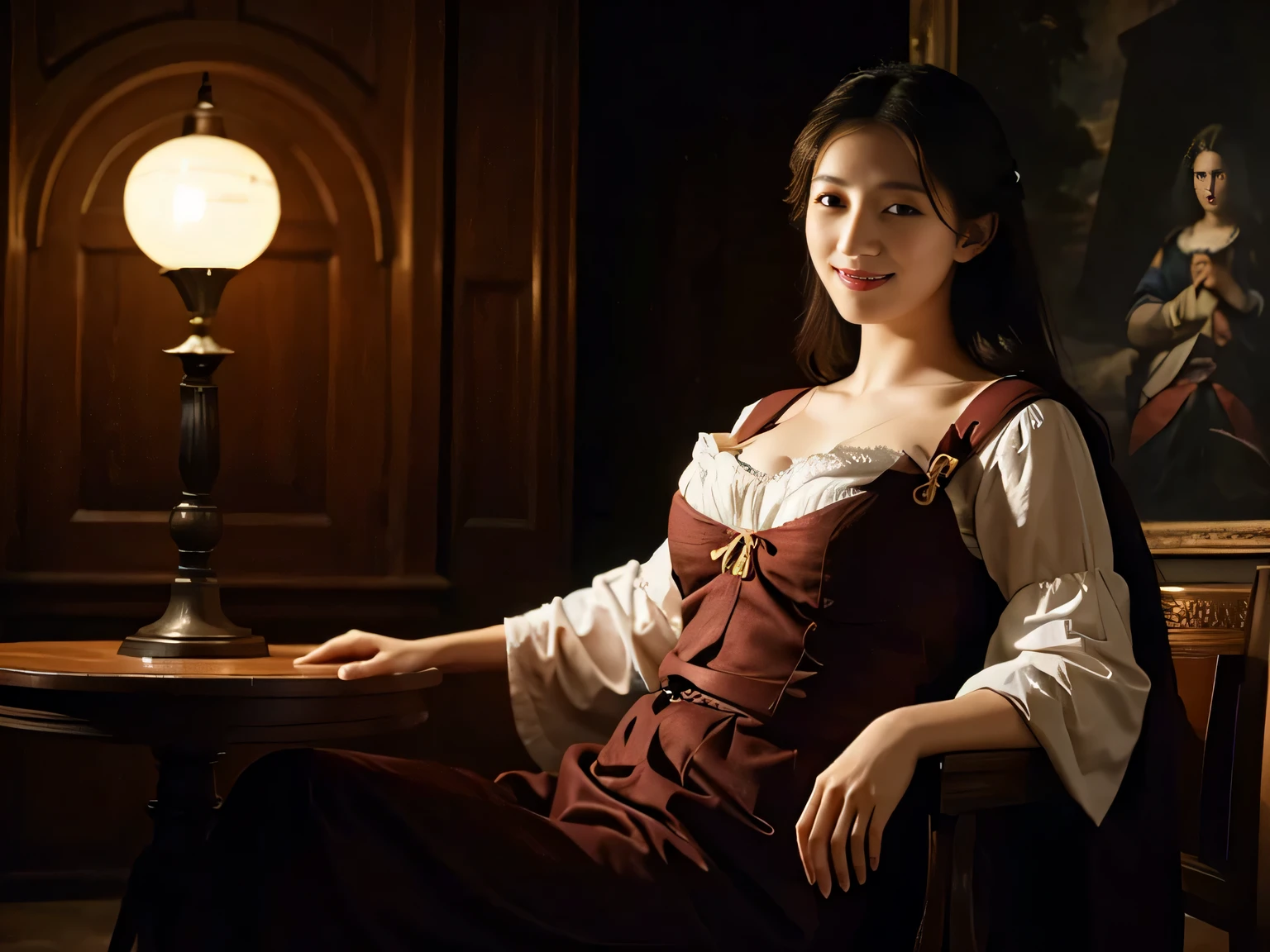 female mathematician,Ancient Greek costumes,Astronomical machinery,antique,A smile,,Sweet and seductive appearance.、Caravaggio's paintings、Chiaroscuro of Caravaggio,,Cute smile, Expression of ecstasy,erotick,A sexy