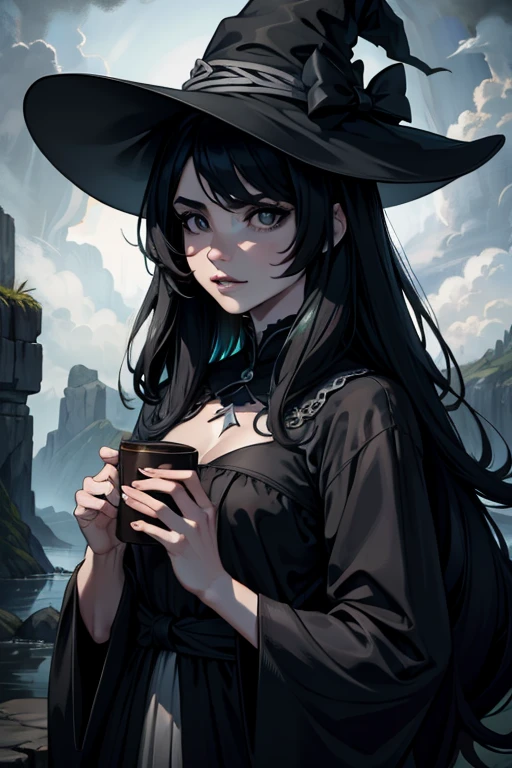 Coven Ahri, 1 garota, vestir, mangas destacadas, cabelo multicolorido, cabelo preto com estrias de cabelo grandes brancas, franja, preto ondulado, cabelo ondulado, orelhas de animais, olhos amarelos, very pale skin, maquiagem roxa escura, batom preto, in a dark ambient landscape setting with dark lighting, durante a noite, obra de arte, melhor qualidade, arte premiada, maravilhoso, cabelo preto com grandes estrias de cabelo branco, ambiente escuro, coven, maravilhoso, retrato, fechar o rosto, detalhado