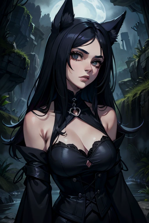 Coven Ahri, 1 garota, vestir, mangas destacadas, cabelo multicolorido, cabelo preto com estrias de cabelo grandes brancas, franja, preto ondulado, cabelo ondulado, orelhas de animais, olhos amarelos, very pale skin, maquiagem roxa escura, batom preto, in a dark ambient landscape setting with dark lighting, durante a noite, obra de arte, melhor qualidade, arte premiada, maravilhoso, cabelo preto com grandes estrias de cabelo branco, ambiente escuro, coven, maravilhoso, retrato, fechar o rosto, detalhado