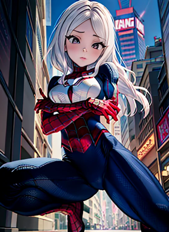 NSFW、High legsuits(muste piece, highest quality), intricate details, 8K, art station, wallpaper, official art, splash art, sharp focus, 1 girl, Hina Sorasaki, long hair, red目, gray hair, big breasts, Skins don't appear, Skintight Spiderman Suit, She is dressed in black, red, Spider-Man's suit with black theme、squat、I open my legs and feel itching、(camel toe)、High leg、Raw thighs、The cutting edge of Tokyo Skytree in the afternoon，mask off，