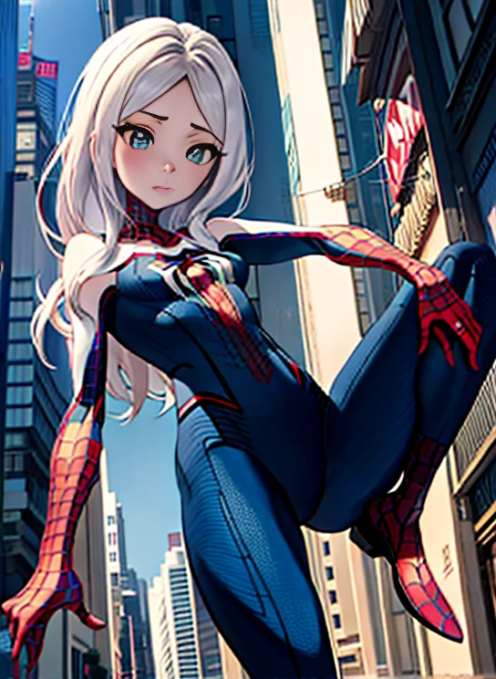 NSFW、High legsuits(muste piece, highest quality), intricate details, 8K, art station, wallpaper, official art, splash art, sharp focus, 1 girl, Hina Sorasaki, long hair, red目, gray hair, big breasts, Skins don't appear, Skintight Spiderman Suit, She is dressed in black, red, Spider-Man's suit with black theme、squat、I open my legs and feel itching、(camel toe)、High leg、Raw thighs、The cutting edge of Tokyo Skytree in the afternoon，mask off，