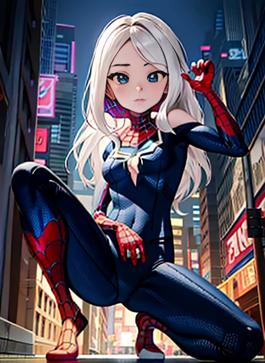 NSFW、High legsuits(muste piece, highest quality), intricate details, 8K, art station, wallpaper, official art, splash art, sharp focus, 1 girl, Hina Sorasaki, long hair, red目, gray hair, big breasts, Skins don't appear, Skintight Spiderman Suit, She is dressed in black, red, Spider-Man's suit with black theme、squat、I open my legs and feel itching、(camel toe)、High leg、Raw thighs、The cutting edge of Tokyo Skytree in the afternoon，mask off，