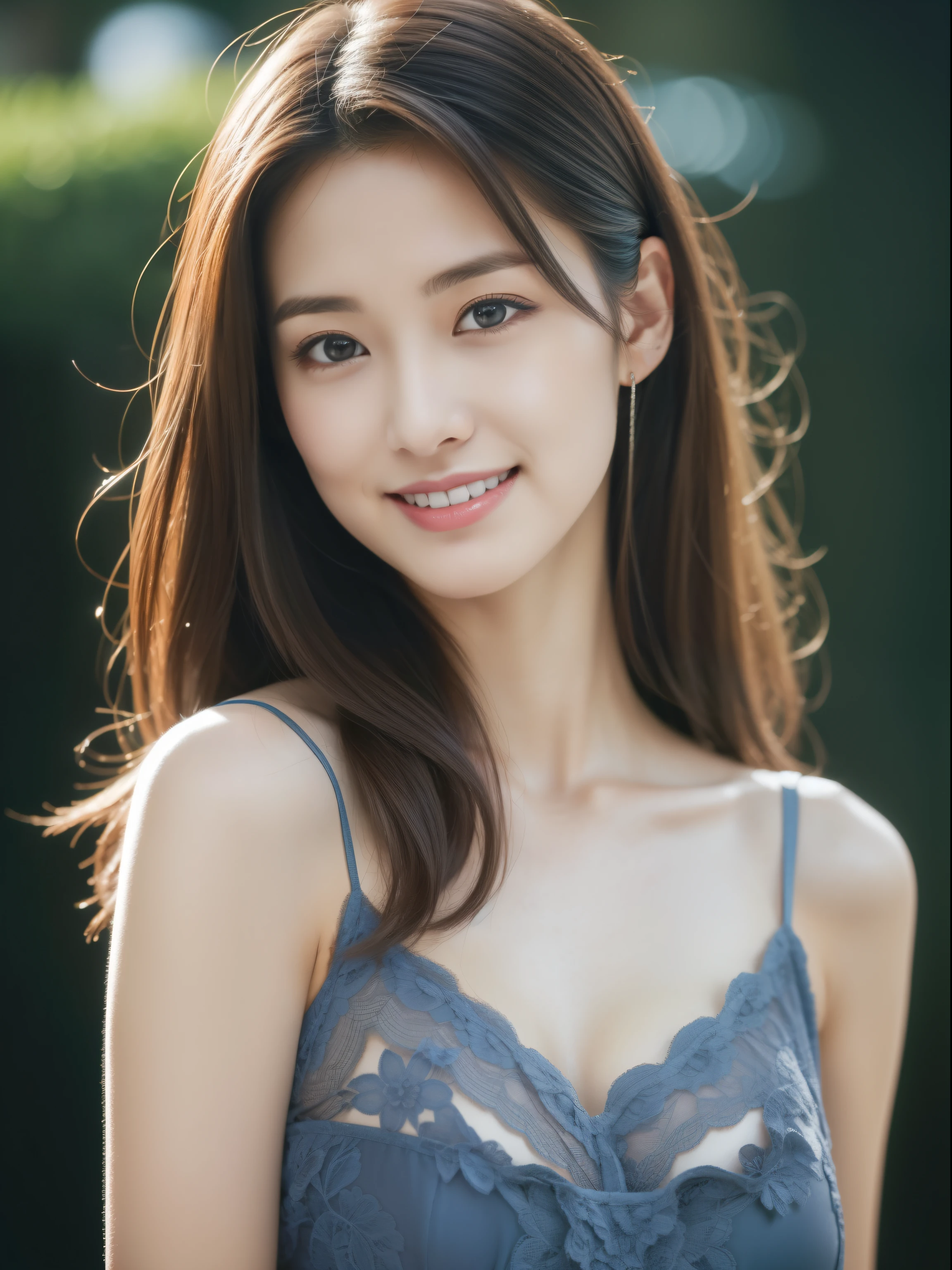 beautiful 32 year old woman。She is wearing a tight camisole of light blue-gray satin fabric。Black lace on chest and hem.。cute smile。her dark brown hair 、her hair is long and straight。High resolution、masterpiece、highest quality、Head w:1.4、((Hasselblad Photos))、fine skin、fine knit、(movie lighting)、clavicle