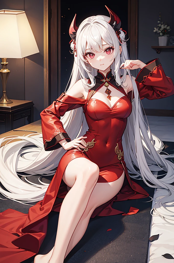 A anime mature woman with long silver hair,she is a vampire,she had a red eye,she wearing a red dress,smiling to camera,scenery is red aesthetic behind her