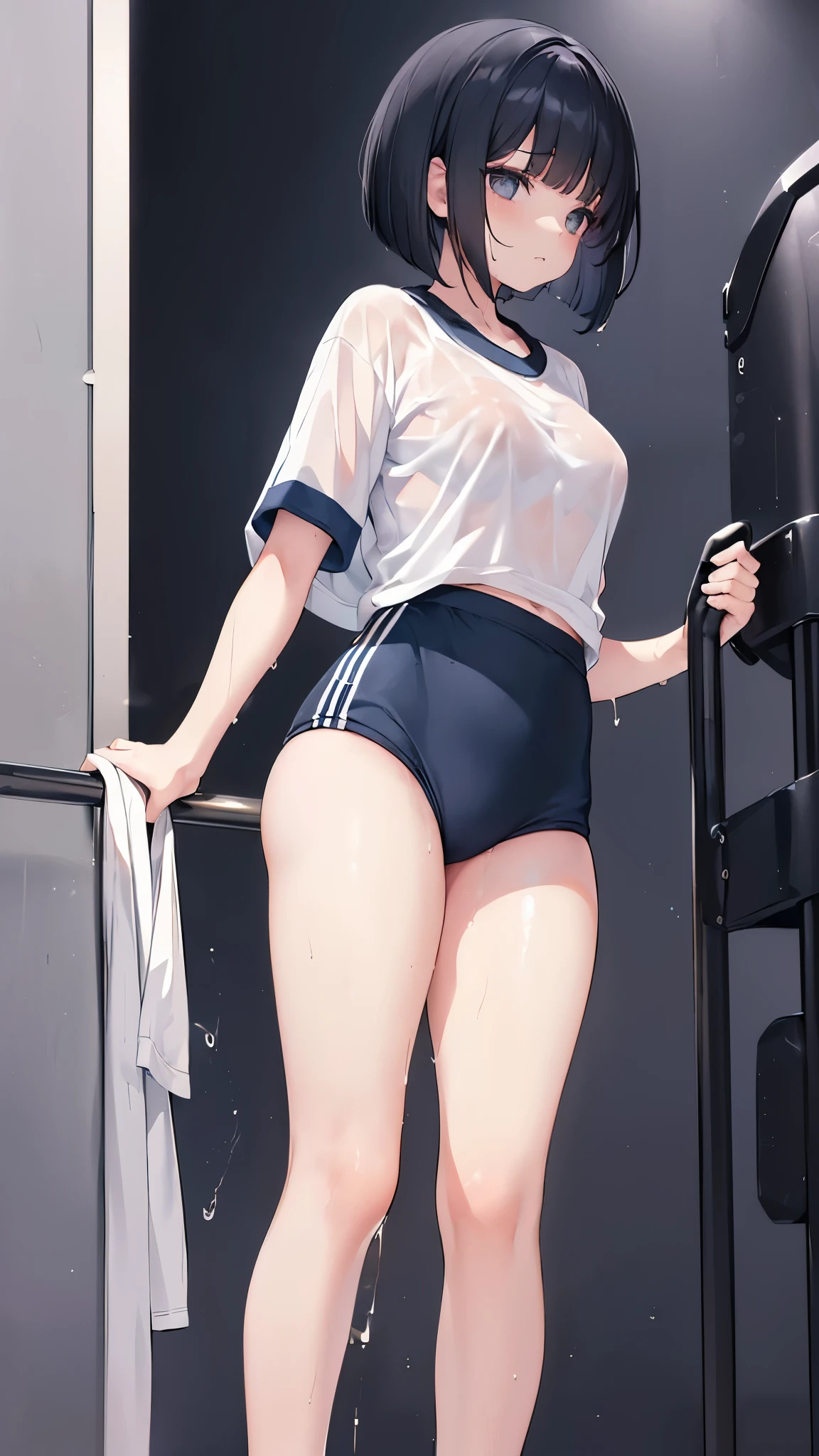 ((bed room)), (((night))), (((darkened room))), agers girl, one girl, thighs, (sweat), (wet skin), ((erotic)), ((sensual)), ((Wall background)), ((simple background)), warm color scheme, Extremely exquisite body, beautiful detailed glow, cinematic lighting, 4K illustration, masterpiece, best quality, by top artist, by famous artist, by plo artist, (((cool girl))), (((expressionless))), ((black eyes)), (indifferent girl), (((gym uniform))), (white gym shirt), (((gym buruma(dark Blue)))), (see through shirt), (wet shirt), ((((standing upright)))), ((((on side)))), ((bob cut hair)), (black hair),