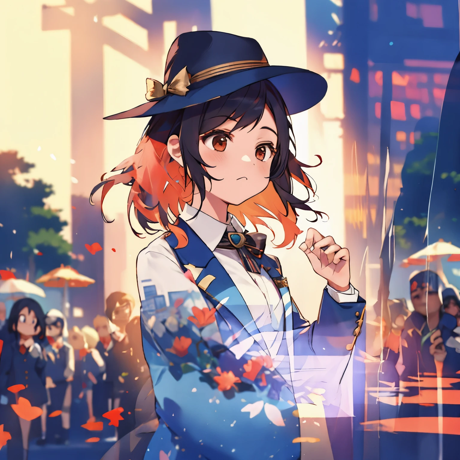 Girl doing magic on the street、Tuxedo、silk hat、Stronger blur、multiple exposure