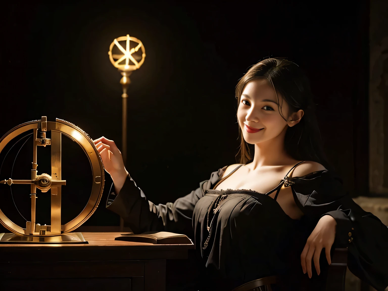 female mathematician,Ancient Greek costumes,Astronomical machinery,antique,A smile,,Sweet and seductive appearance.、Caravaggio's paintings、Chiaroscuro of Caravaggio,,Cute smile, Expression of ecstasy,erotic,A sexy