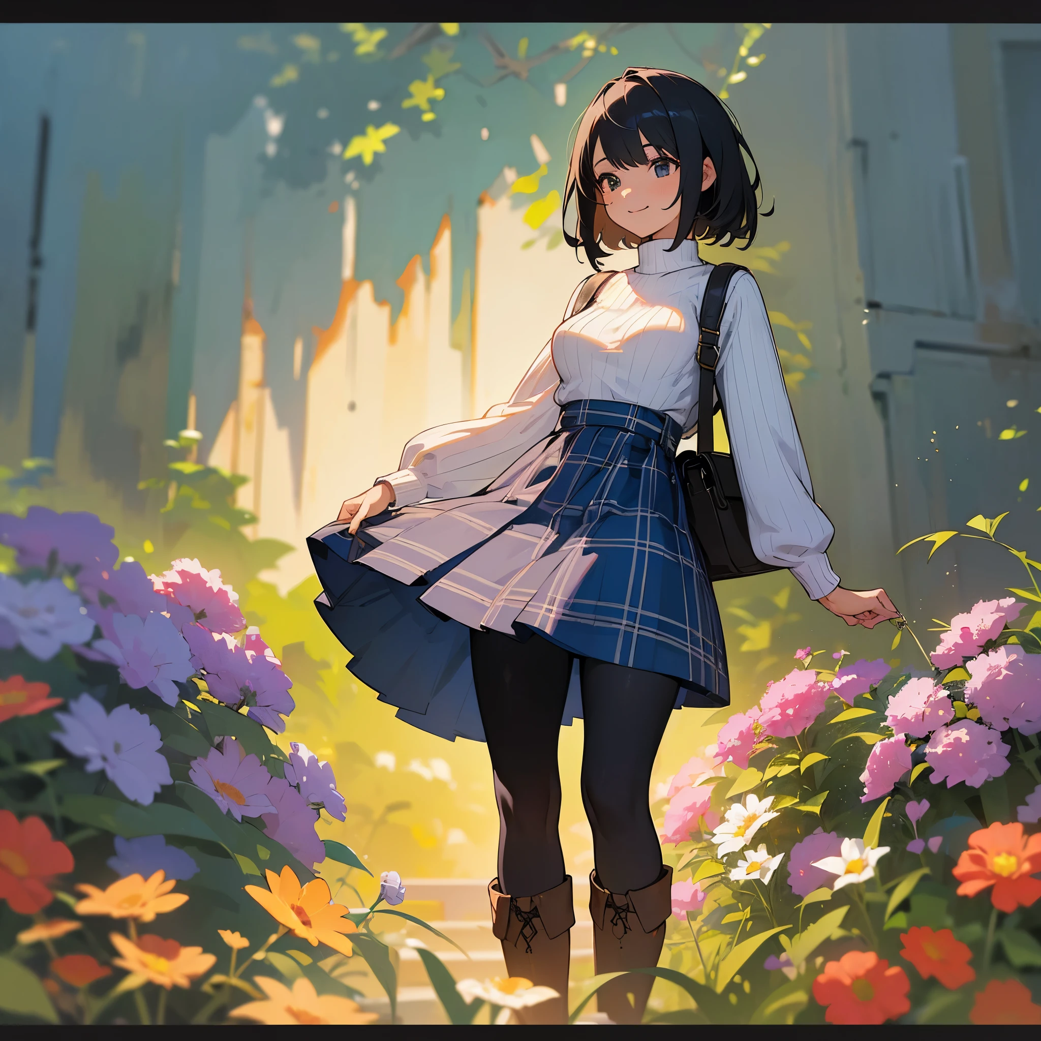 (high quality, high resolution, Super detailed, Reality:1.37), peaceful atmosphere, (outdoor, garden),  girl standing alone, (My breasts are big.), Beautiful detailed features, cute smile, (black bob hair), ribbed sweater, blue plaid skirt, Black tights, brown boots.