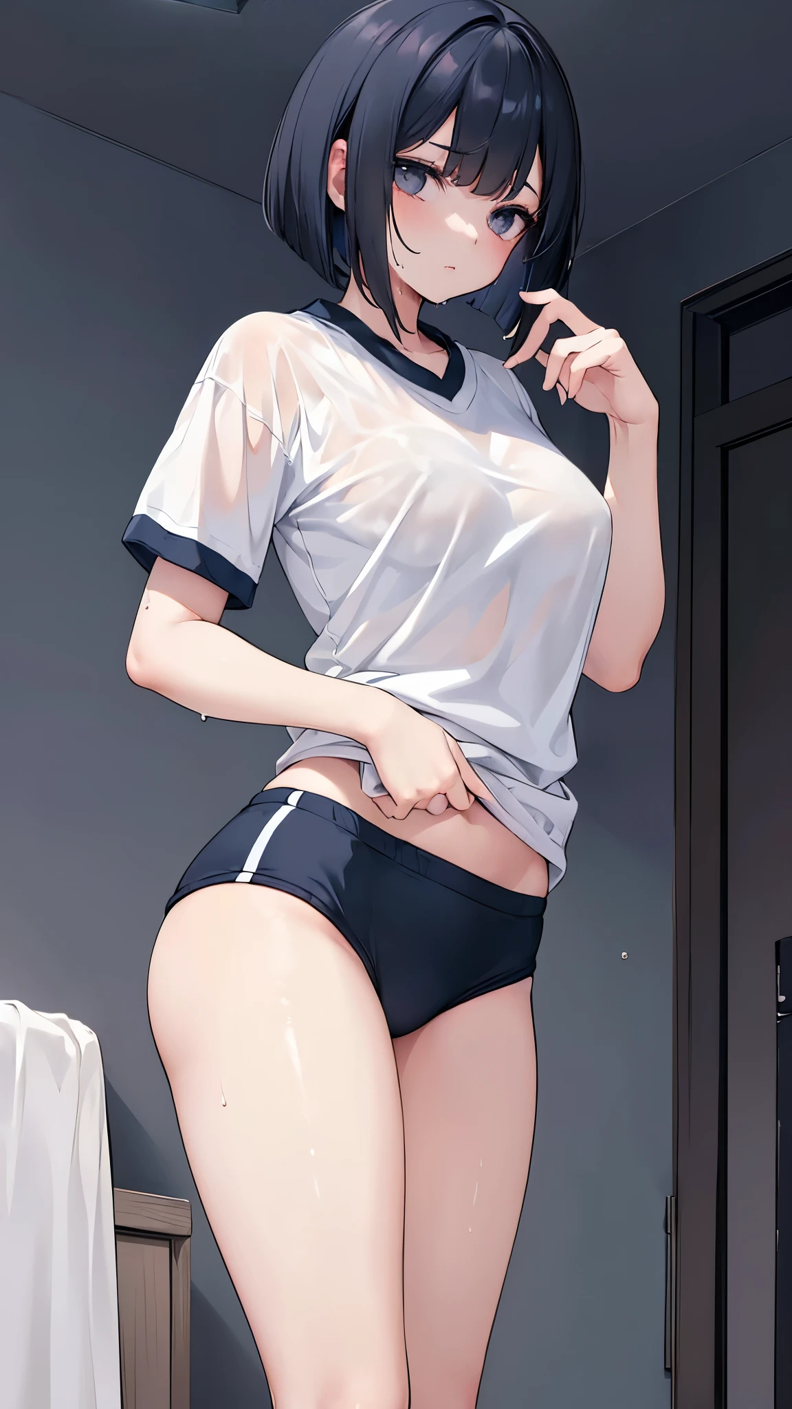 ((bed room)), (((night))), (((darkened room))), agers girl, one girl, thighs, (sweat), (wet skin), ((erotic)), ((sensual)), ((Wall background)), ((simple background)), warm color scheme, Extremely exquisite body, beautiful detailed glow, cinematic lighting, 4K illustration, masterpiece, best quality, by top artist, by famous artist, by plo artist, (((cool girl))), (((expressionless))), ((black eyes)), (indifferent girl), (((gym uniform))), (white gym shirt), (((gym buruma(dark Blue)))), (see through shirt), (wet shirt), ((((standing upright)))), ((((on side)))), ((bob cut hair)), (black hair),