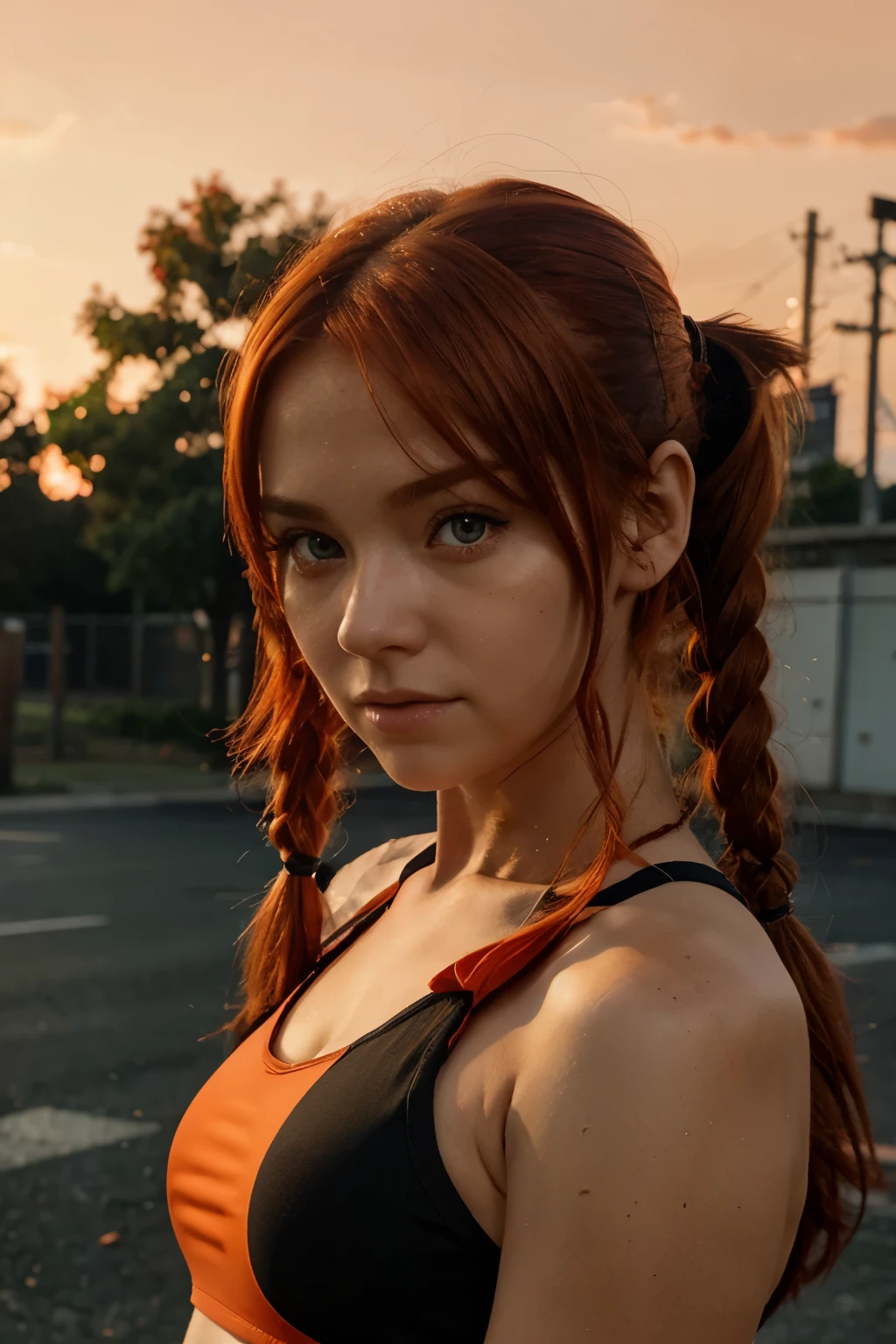 1girl, solo, red hair, red eyes, twintails, fitnnes, orange sky, realistic , looks human