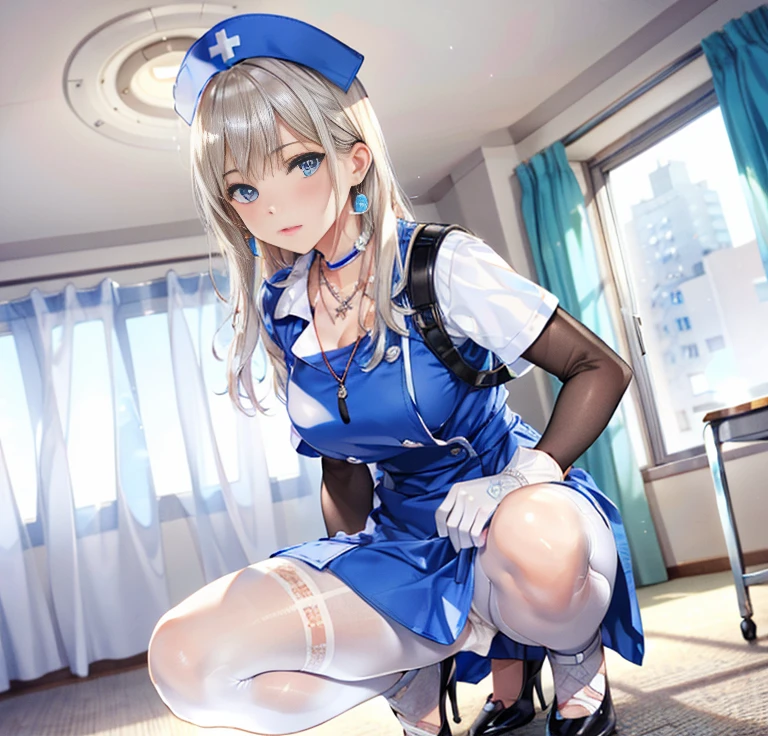 1girl, (solo:1.2), (cowboy shot:1.2), (Beautiful and detailed eyes description), (Beautiful and detailed face), Perfect female body, neat figure, slender waist, (young girl), (20 years old), long hair, platinum blonde hair, very big eyes, blue eyes, (medium breasts:1.4), blush, shy, watery lips, nurse, (transparent nurse dress), nurse cap, unbuttoned, (white gloves:1.2), (white pantyhose), high heels, necklace, earrings, indoors, school nurse, hospital bed, window, white curtains, sunlight, squatting, (best quality), (ultra detailed), (masterpiece), (highres), (original), (extremely detailed CG unity 8K wallpaper), character design, game cg, detailed manga illustration，(NSFW 1.1)