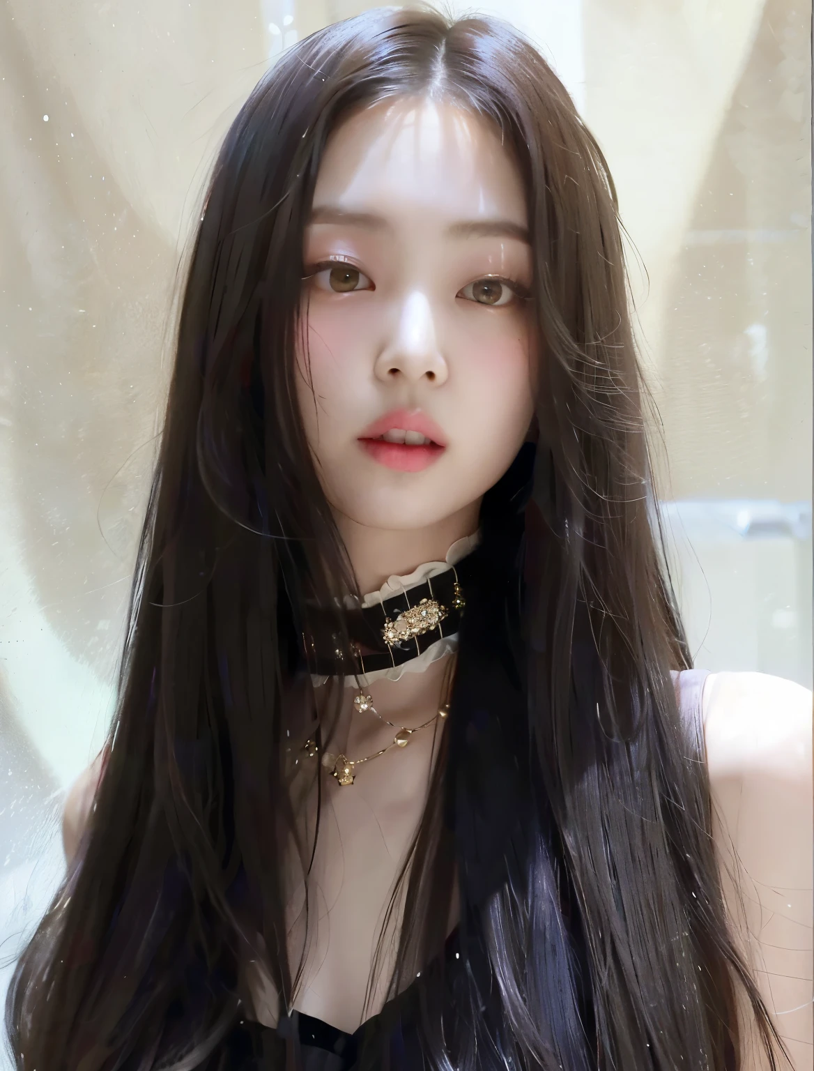 a close up of a woman with long hair wearing a choke, ulzzang, korean girl, young adorable korean face, asian girl with long hair, wan adorable korean face, beautiful south korean woman, with long hair and piercing eyes, cruel korean goth girl, gorgeous young korean woman, with long hair, jaeyeon nam, popular korean makeup