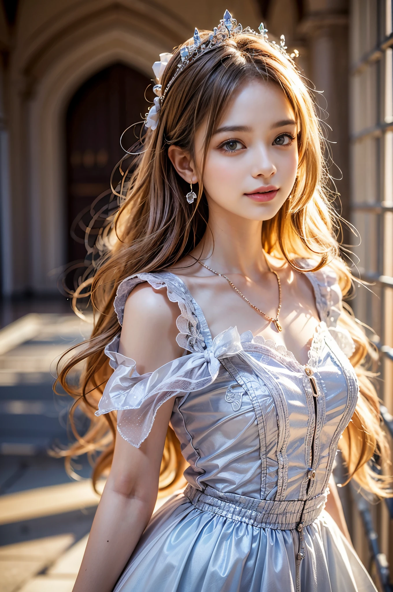 ((RAW shooting:1.5, realistic:1.5, 8K, highest quality, masterpiece, ultra high resolution)), Interior of a luxurious French royal palace, professional camera work:1.3, Highly detailed skin and facial textures:1.3, glow light effect, Super detailed:1.3, 1 cute 15 year old polish girl, Fair skin, Glossy skin, (elegant:1.4, small face), Ultimate Cute Face:1.5, (Eyes that give a sense of cleanliness:0.9, looking far away), smile:1.0, (mouth is slightly open:0.4, Clean and refreshing taste:0.7), double eyelid, Super long blonde Nagoya curl hair, tiara, necklace and earrings, ((elegantで光沢のあるサテンのプリンセスドレスをオフショルダーで正しく着こなす方法)), cowboy shot