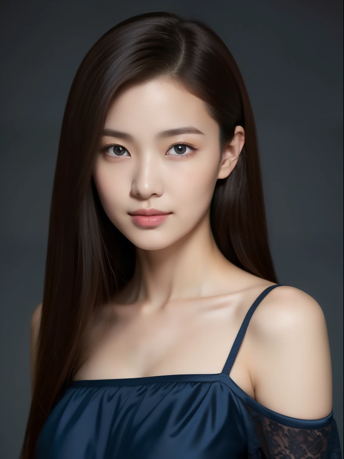 beautiful 16 year old woman。She is wearing a tight camisole of dark blue-gray satin fabric。Black lace on chest and hem.。sweet smile。her dark brown hair 、her hair is long and straight。High resolution、masterpiece、highest quality、head w:1.4、((Hasselblad Photos))、fine skin、fine knit、(movie lighting)、clavicle