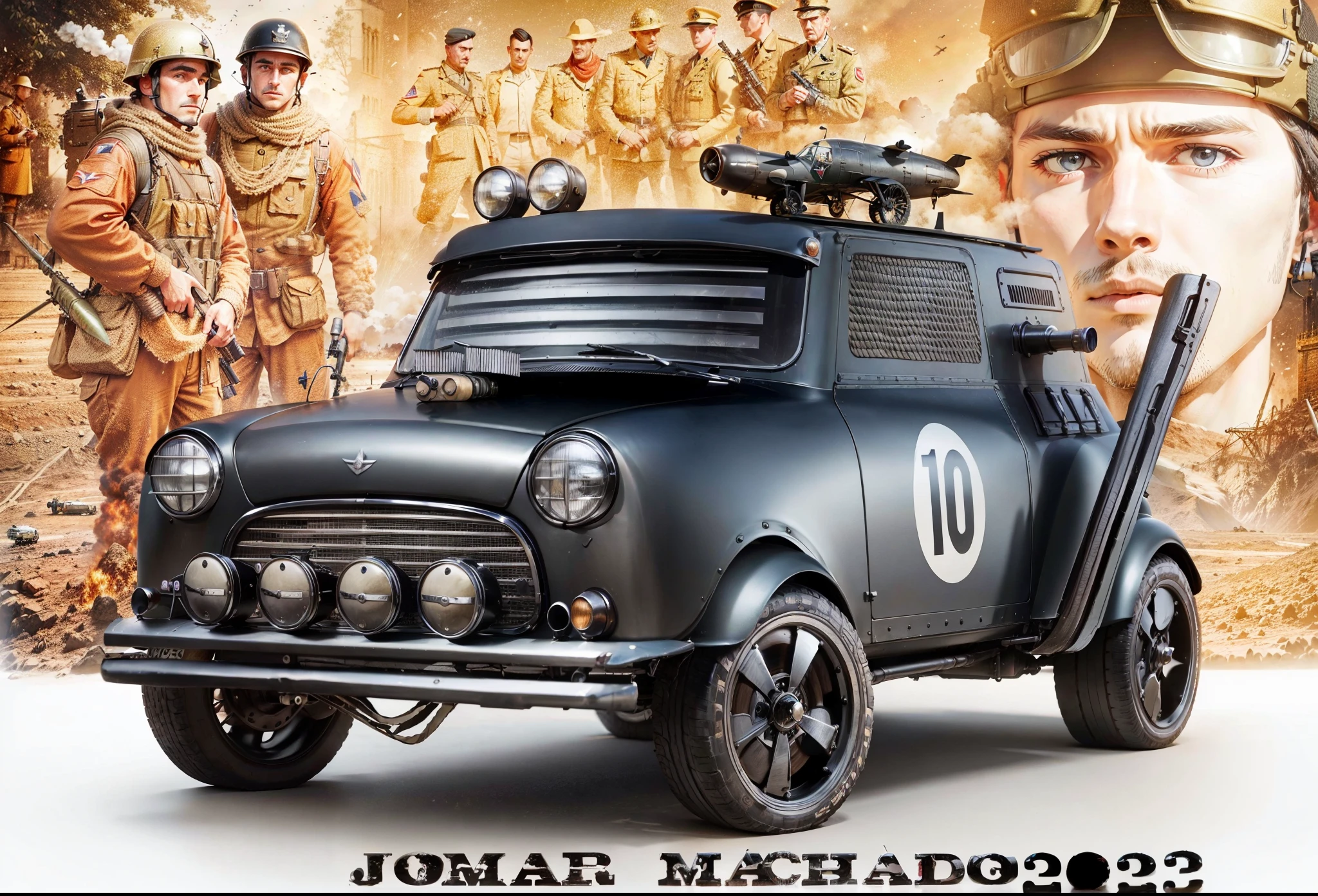 A Mini Morris car fully armed with machine guns and missiles in the foreground, in the background, men soldiers in war uniforms and a close-up of a male aviation pilot in the Second World War