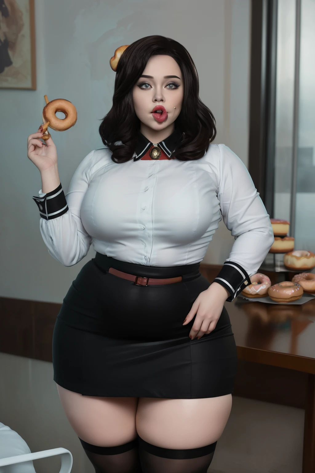 masterpiece, (photorealistic), (8k wallpaper) , (best quality), perfect quality, solo, (detailed eyes), girl, Elizabeth, very beautiful, ((shoving donut into mouth)), eating donuts, overeating, fot fat, small smile, young, face : (make up, young, very plump face, plump cheeks, very beautiful face, wide opened mouth, eating donut, pleasure, small smile, very beautiful, cute face, young, big eyes) , figure: ( very full body, big breasts, very full figure, very thicc, very thick, very chubby, very chubby belly, navel, wide waist, very soft, very curvy, got very fat, love handles, fat rolls, belly rolls, sexy curves, sexy pose, sexy, muffin top, very thick thighs, thunder thighs) , clothes : (tight black miniskirt, white tight shirt, tight uniform, black tights)