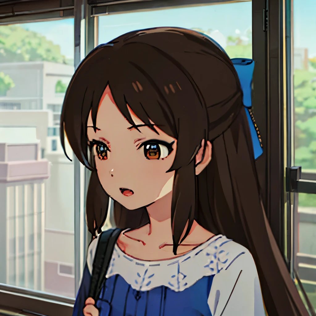 solo, best quality, masterpiece, highres, solo, {tachibana_arisu_theidolmastercinderellagirlsu149:1.15}, brown_hair, long_hair, brown_eyes, bow, hair_bow, upper_body, blue_bow, closed_mouth, bangs, 1girl, half_updo, open_mouth, blue_dress, collarbone