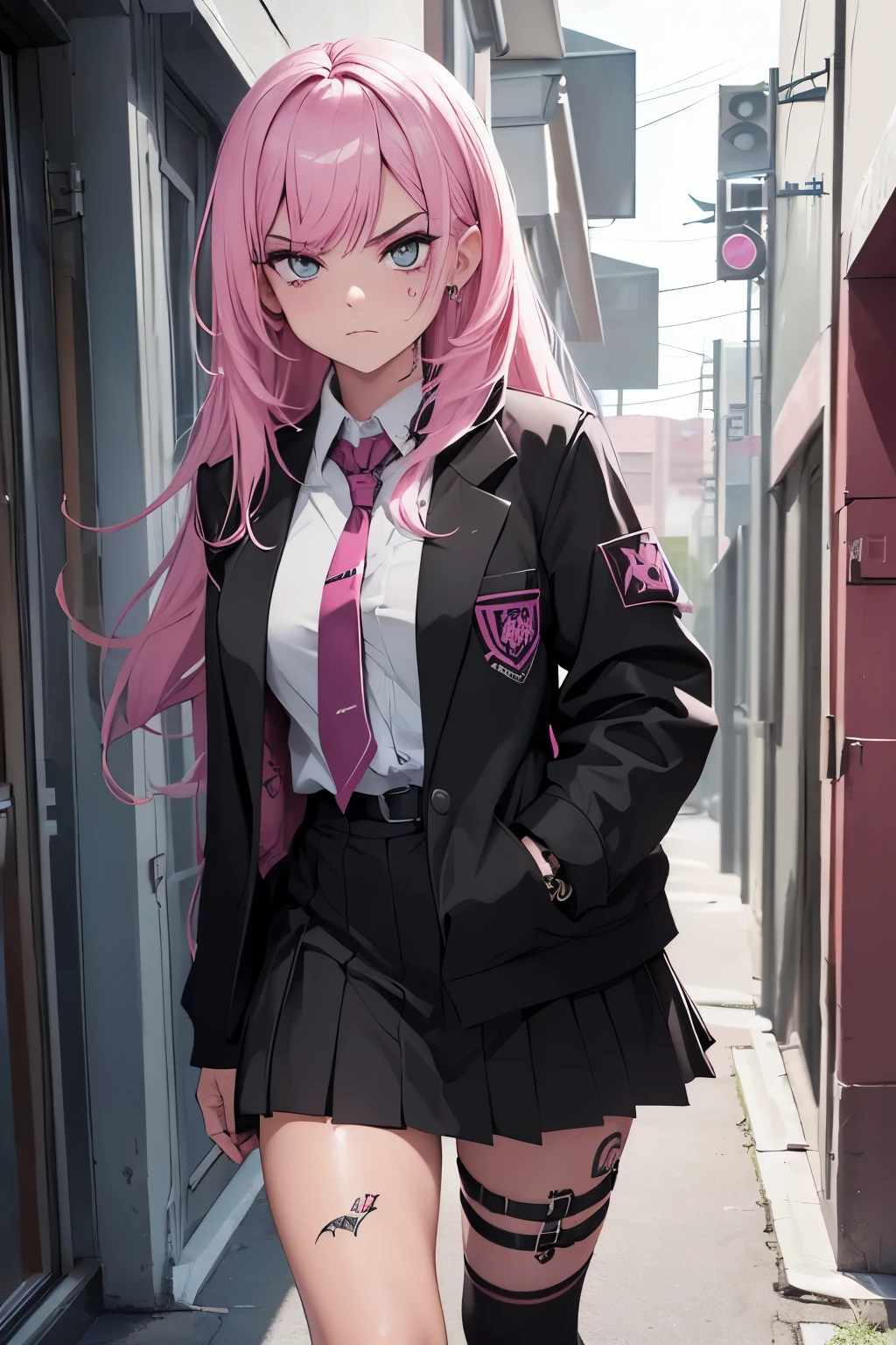 (1Girl, (Badass), Slutry, Evil, Bully, Tattoo, Pink Hair, Wearing (Black) School Uniform), (In a School Corridor)