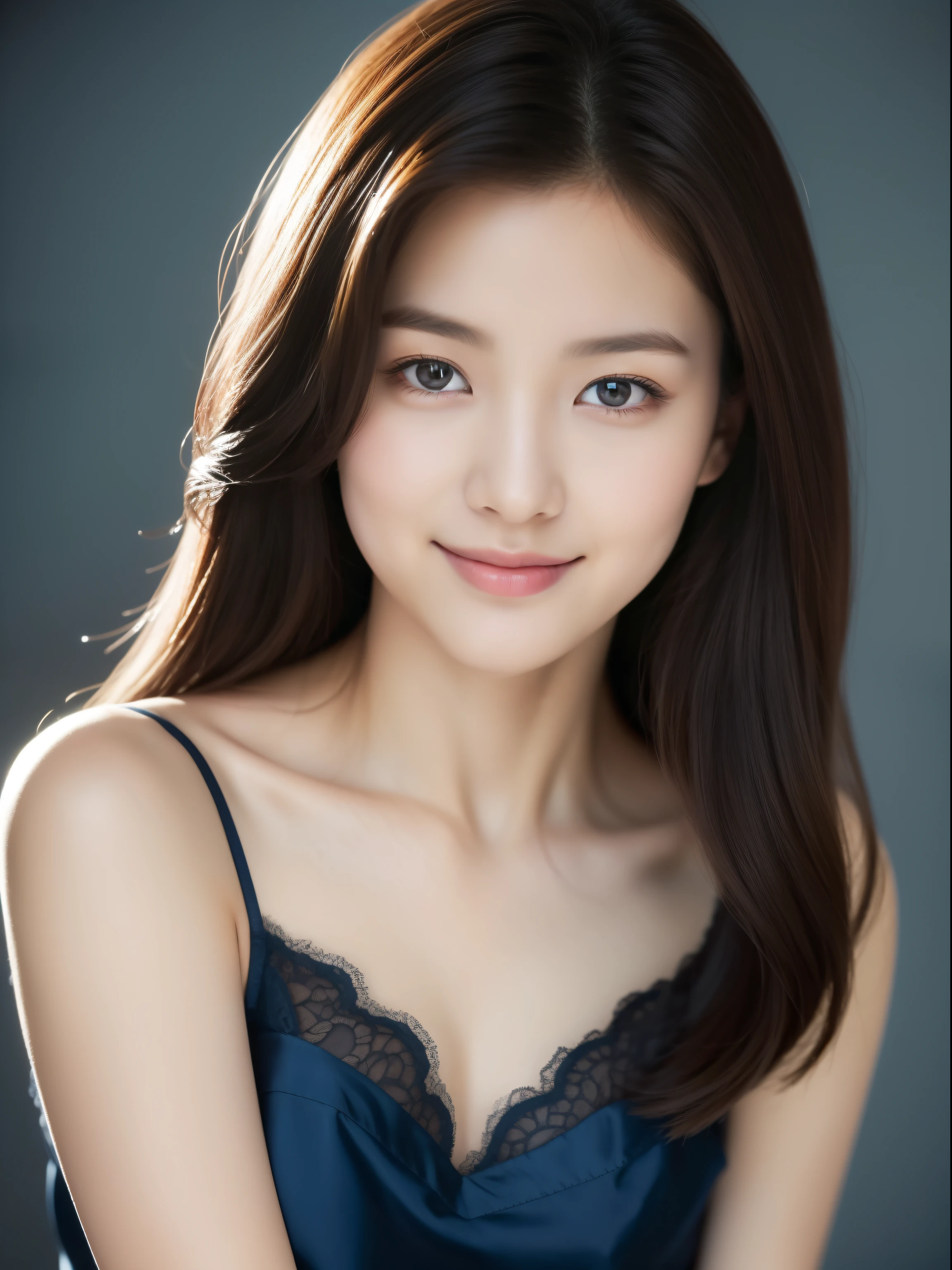 Beautiful 16 year old woman。She is wearing a tight camisole of dark blue-gray satin fabric。Black lace on chest and hem.。cute smile。her dark brown hair 、her hair is long and straight。High resolution、masterpiece、highest quality、Head w:1.4、((Hasselblad Photos))、fine skin、fine knit、(movie lighting)、clavicle