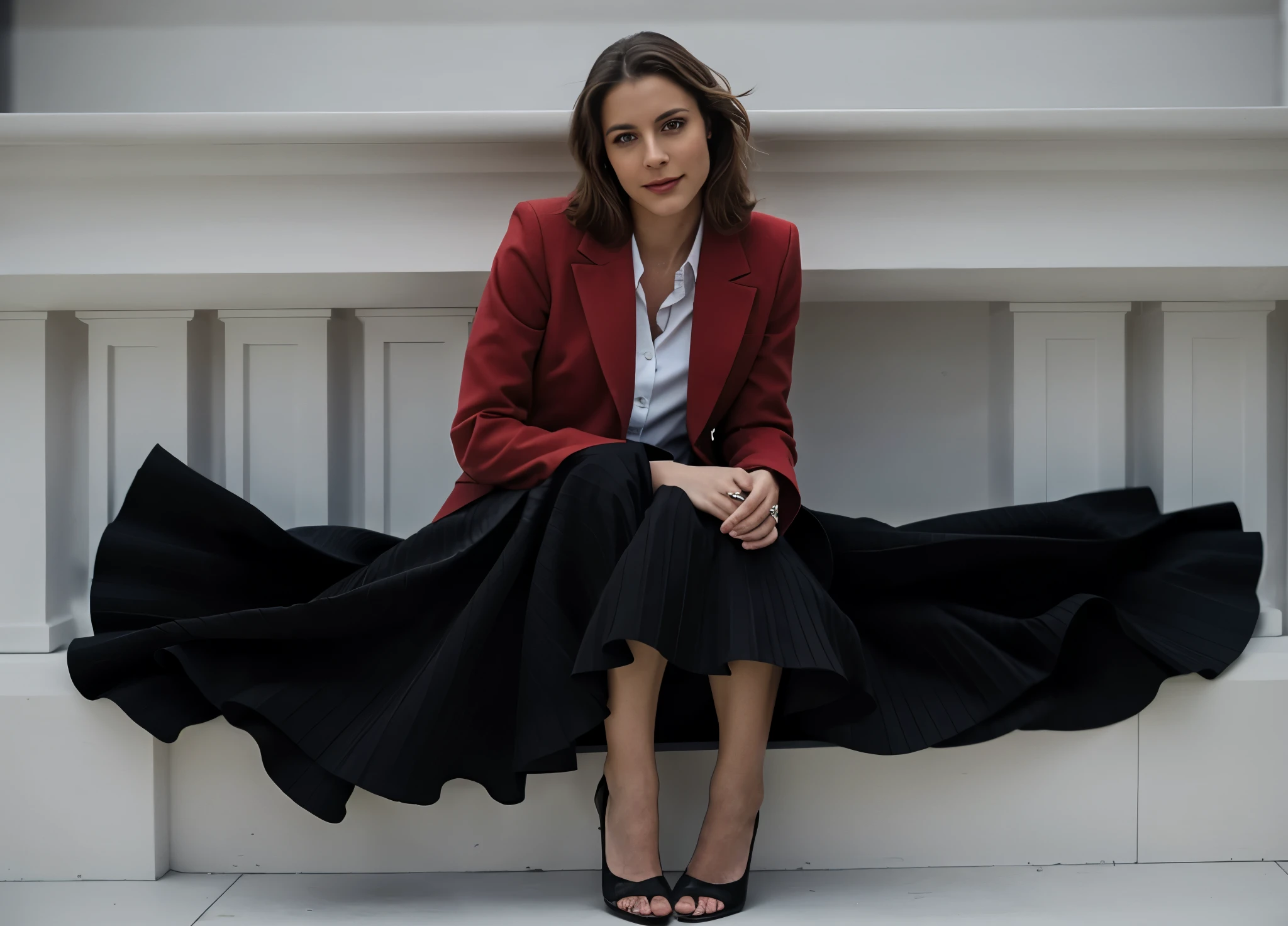 (35mm f1.4 Kodak portra 400 photograph, extremely high quality RAW photograph), authentic (shy smiling) (beautiful compassionate woman) sitting and playing with her skirt, wearing short blazer with very detailed (long (fully pleated) full circle skirt) and (simple low heeled office shoes), very intricate hyper-detailed symmetric (attractive graceful young feminine face) with (sad, tired eyes and shy smile), full of empathy and tenderness and love, ((pronounced (feminine) features)), ((highly detailed ultra accurate realistic hands and fingers)), (windy conditions and wind blowing), (space ship deep space travel background), epic composition, highly detailed attributes, highly detailed atmosphere, sci-fi ,cinematic shot, dynamic lighting, 75mm, Technicolor, Panavision, cinemascope, sharp focus, fine details, 8k, HDR, realism, realistic, key visual, film still, superb cinematic color grading, depth of field