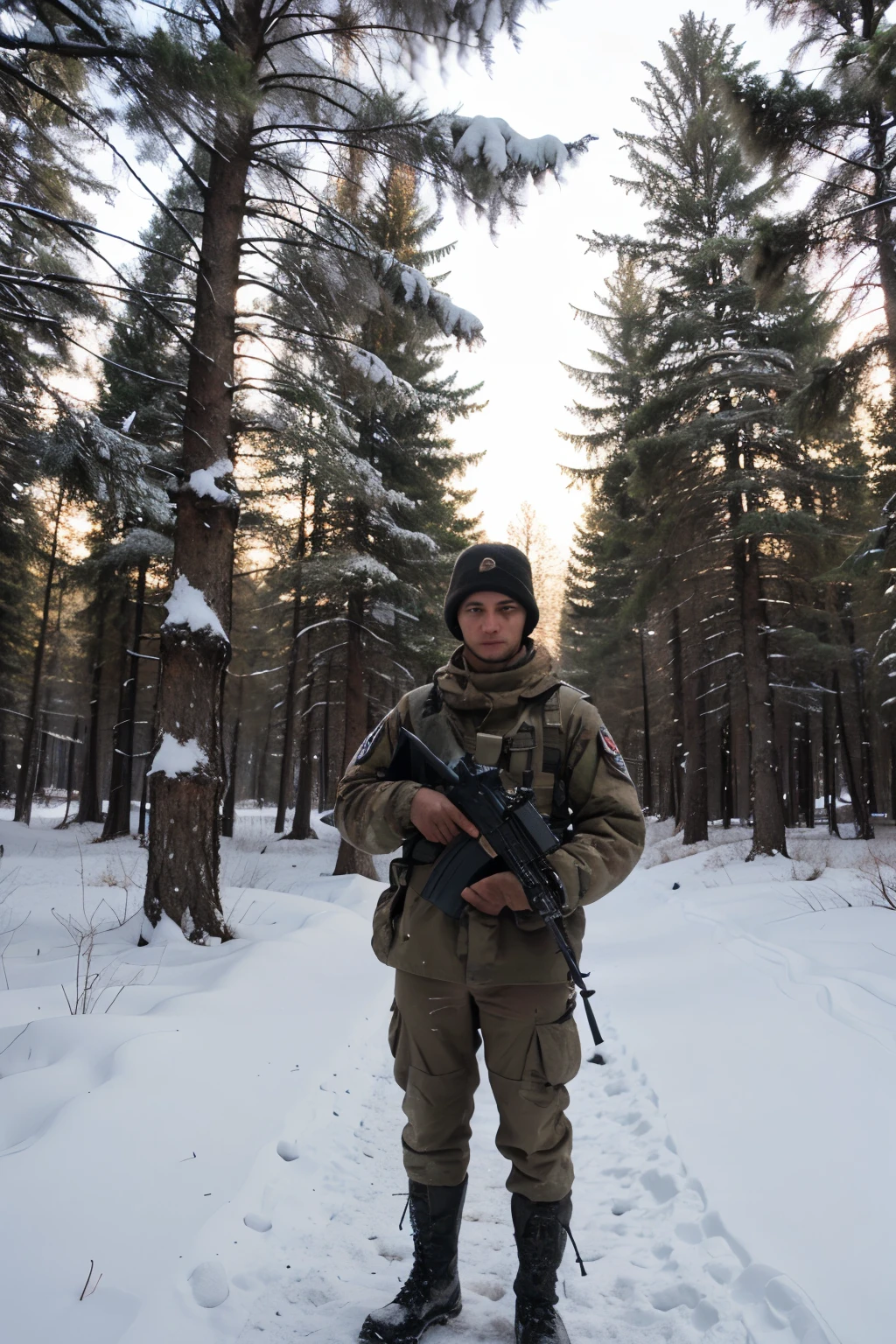 Ultra photo realsisim，Chinese soldiers，60's，wears glasses，Coffee in hand in a camp setting，Cheerful laughter，Long gun front，Deep in the taiga，Matte rendering，Snow-white spear，Iced pear soup-like hue，Resting alone。(M16 rifle:1.3)