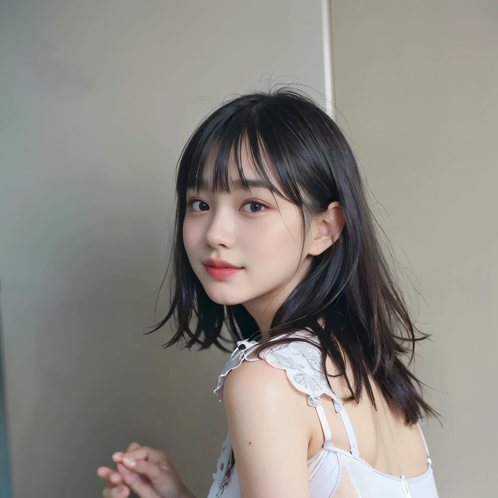 masterpiece、highest quality、super realistic、Ultra high definition、8k、Raw photo、textured skin、One Nogizaka girl、(16 years old、medium bob hair、bangs、black hair、floating hair、slim、delicate body、skinny、A sloppy smile、embarrassing、blush:1.2)、(Top and bottom underwear with white embroidery:1.5)、stand in the kitchen、(fluorescent light、dim、Backlight、flare、film grain、breast enhancement、view audience、It's blurry、super long shot、ultra wide angle、Sigma 85mm F/1.4)、finder