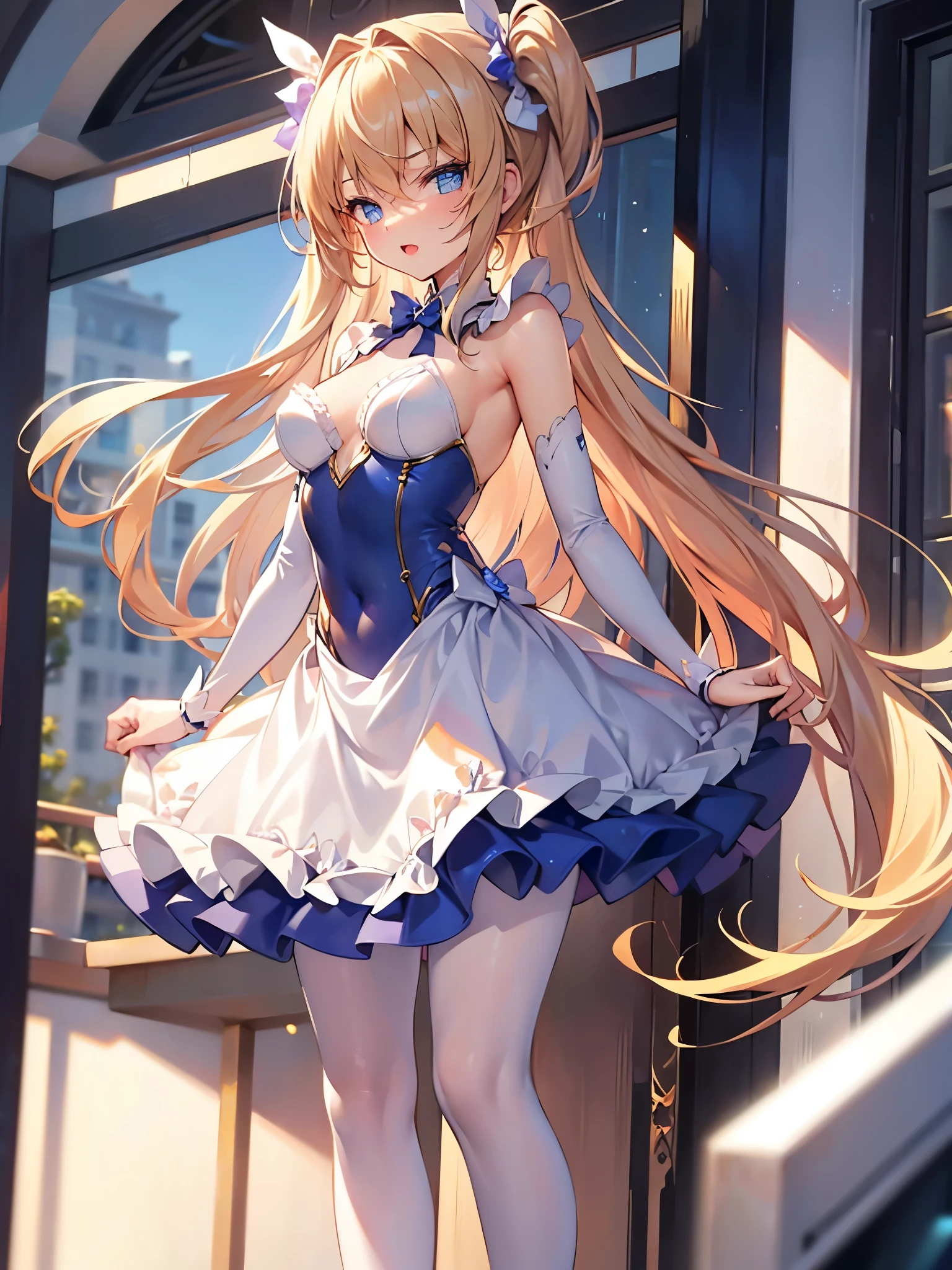 ((masterpiece、4k、8k、highest quality、perfect fingers:1.perfect anatomy:1.3、blur the background))、cute ite girl、((Ballerina Leotard、12 onde blue eyes、Slender Beautiful Girl、two side up、straight long hair))、(super cute big slanted eyes)、open mouth smile、full body display、wide shot、ballet competition、