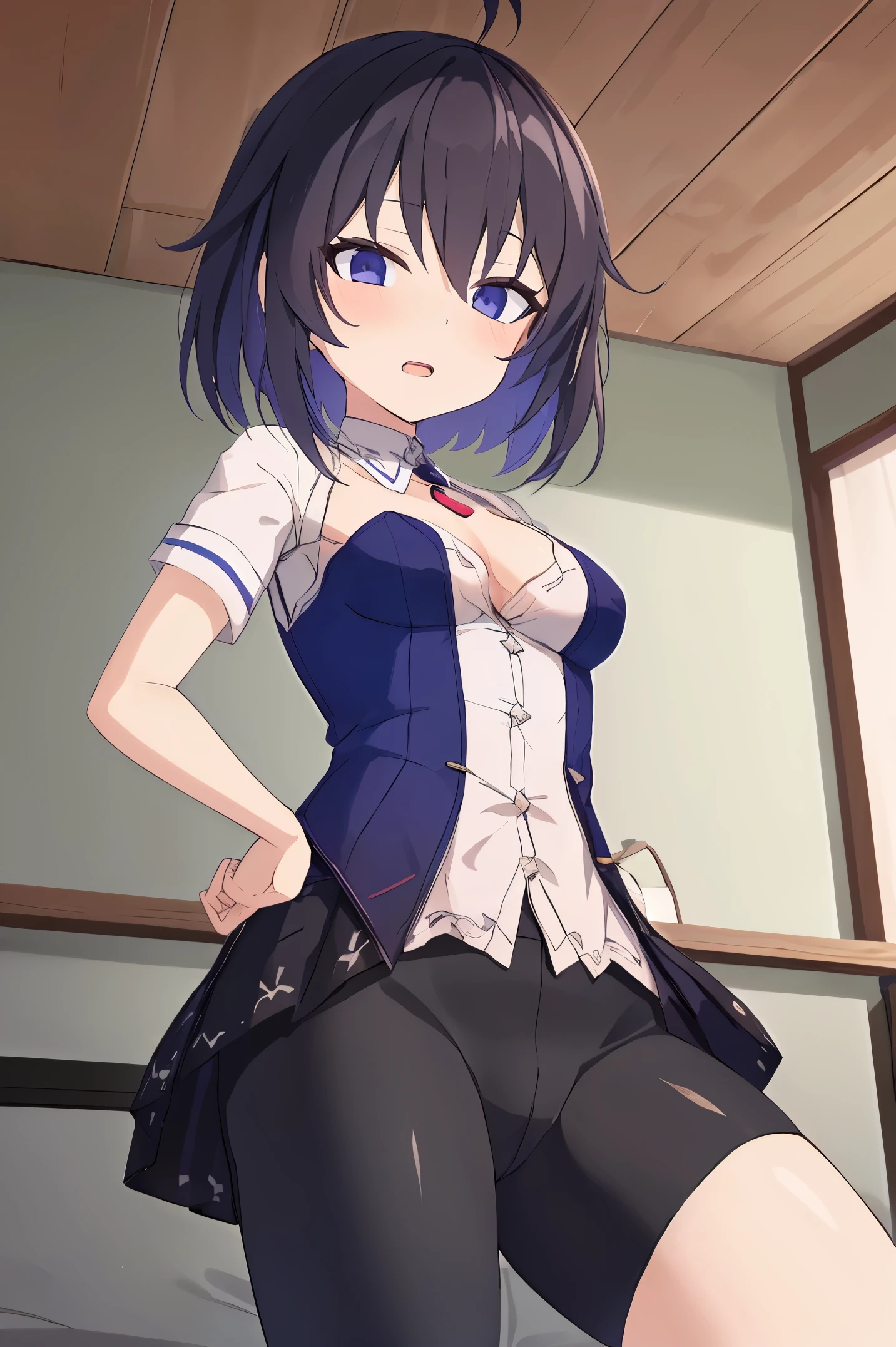 1 girl, best quality, ultra high res, ahoge, Seele Vollerei, looking at viewers, medium breast, standing, smile, body, small body, open mouth, azure memories, short sleeves, Bike Shorts, bedroom, white bed sheets, pov,