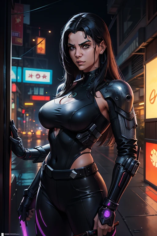 linda mulher, Anti-hero wearing black and purple uniform, laser katana sword in hand, Pele branca, cabelo preto comprido, retrato, Jeff Pontes, ((estilo de desenho animado)), Marvel Cinematic Universe Style, (((cidade cyberpunk ao fundo))), bokeh suave da cidade futurista, Atey Ghailan, Jeremy Mann, Greg Manchess, Antonio Moro, trending on ArtStation, trend in CG society, Intricado, alto detalhe,  sharp focus, Dramatic, photorealistic painting art by Midjourney and Greg Rutkowski, bokeh em segundo plano