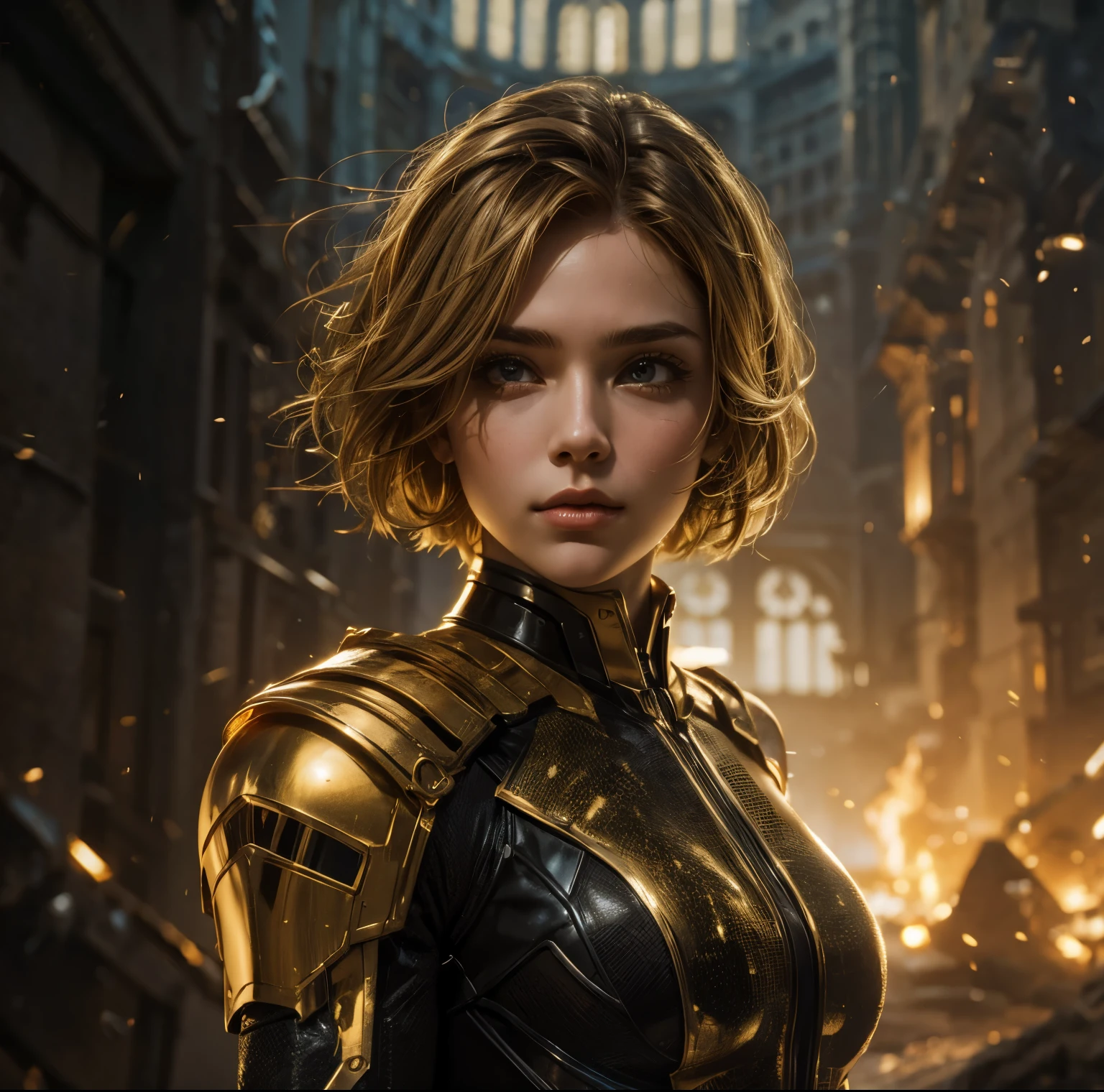 Superhero beauty young girl (((golden hair highlights::1))) in sci-fi suit steel tatical armor