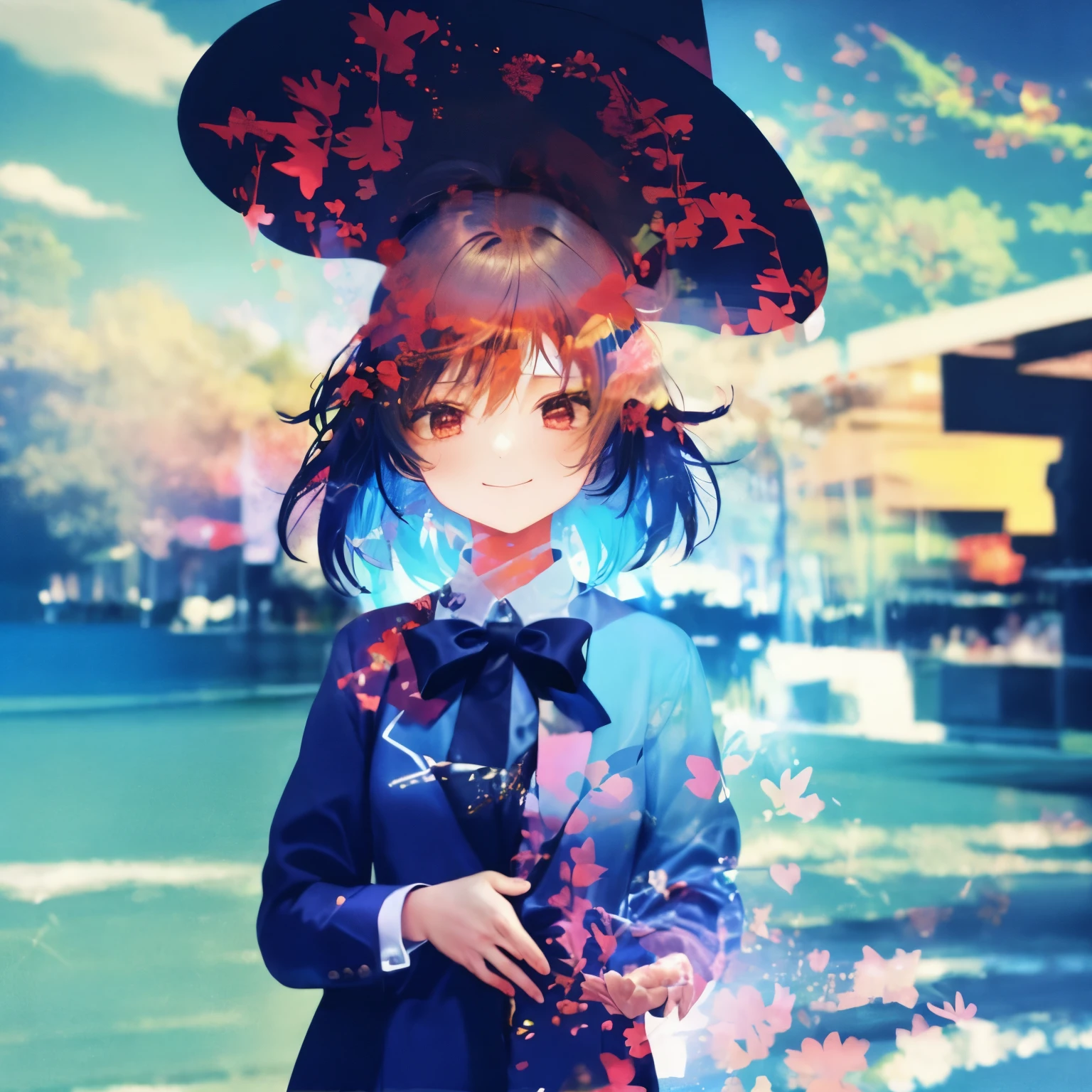Girl doing magic on the street、Tuxedo、silk hat、Stronger blur、multiple exposure、smile、snap your fingers