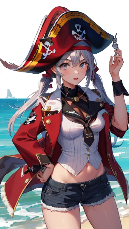 1 girl, masterpiece,  最high quality,  high quality, Marine, pirate, pirate hat,shorts