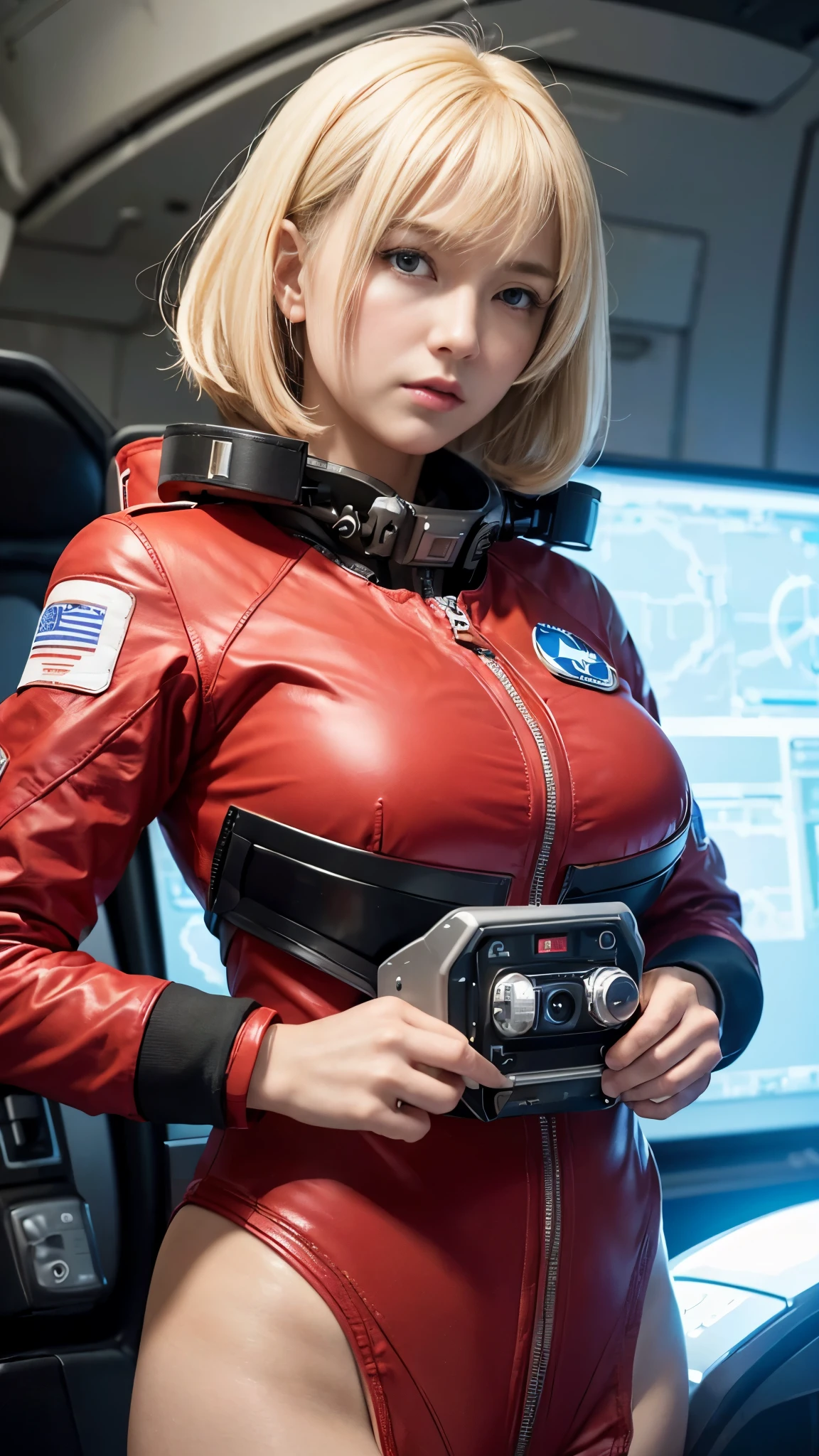 (hyper real)、future female pilots、
Huge Beautiful woman High level image quality High resolution realistic short hair blonde、 blondeの女性、mature woman、middle-aged women、((big big skin texture、超High resolution、realistic、Chubby body type、angry face、beauty of middle age、beautiful expression、Detailed green ironed fluffy hair、Kamimei、Very delicate and delicate skin texture、35A woman piloting a giant space station)、female pilot batlight red lips、((Wear a red flight suit))、(((alone)))、