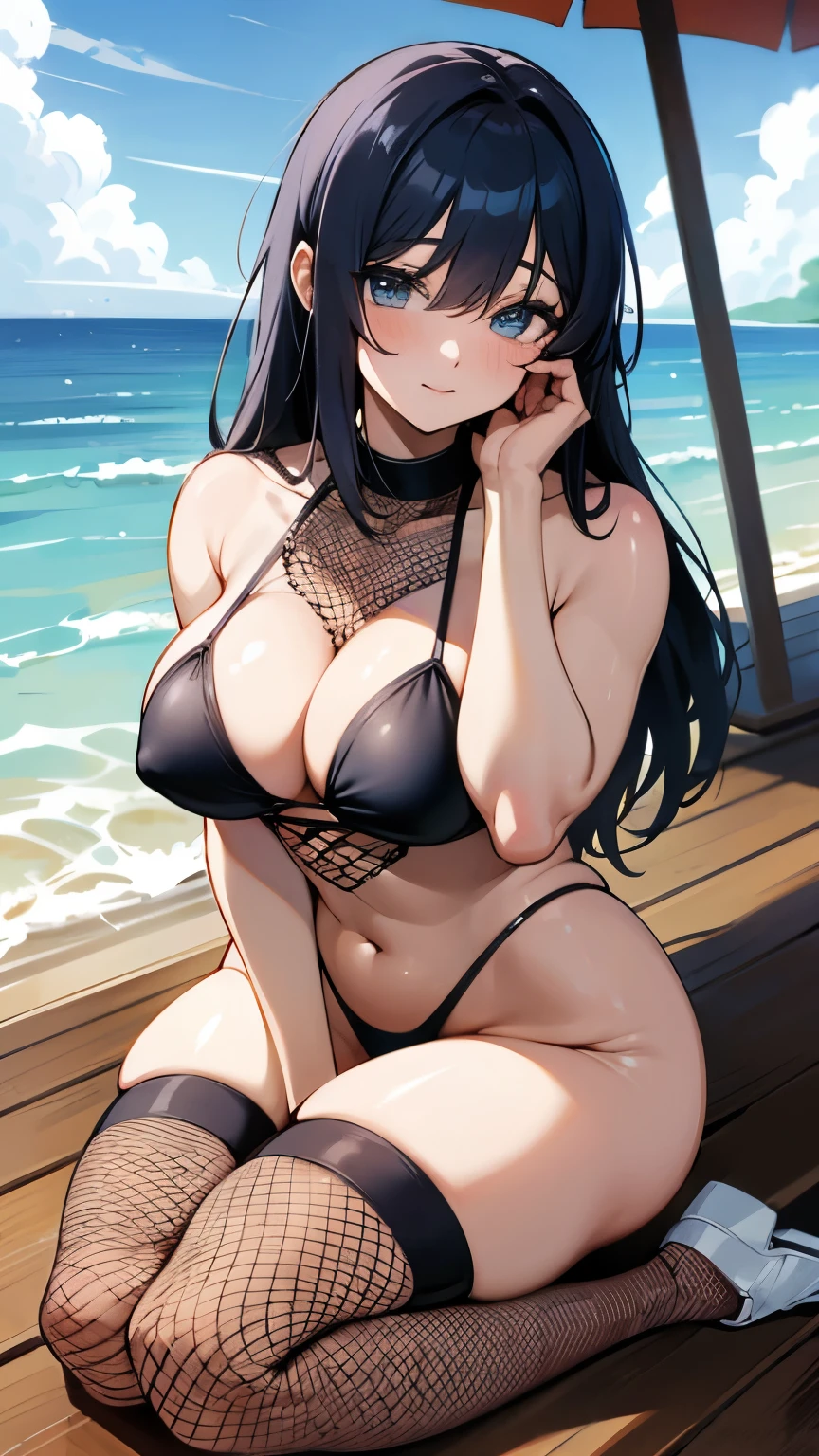 (anime,woman,fishnet stockings,transparent swimsuit,beach),hugely muscular legs,upper body,lays down