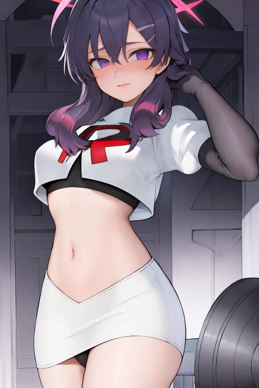 best quality, masterpiece, highres, solo, {haruka_bluearchive:1.15}, purple_hair, bangs, hair_between_eyes, purple_eyes, hair_ornament, halo, blush, hairclip, hat, garrison_cap, 1girl,looking_at_viewer, military, military_hat, medium_hair, team rocket,team rocket uniform, red letter R, white skirt,white crop top,black thigh-highs, black elbow gloves,