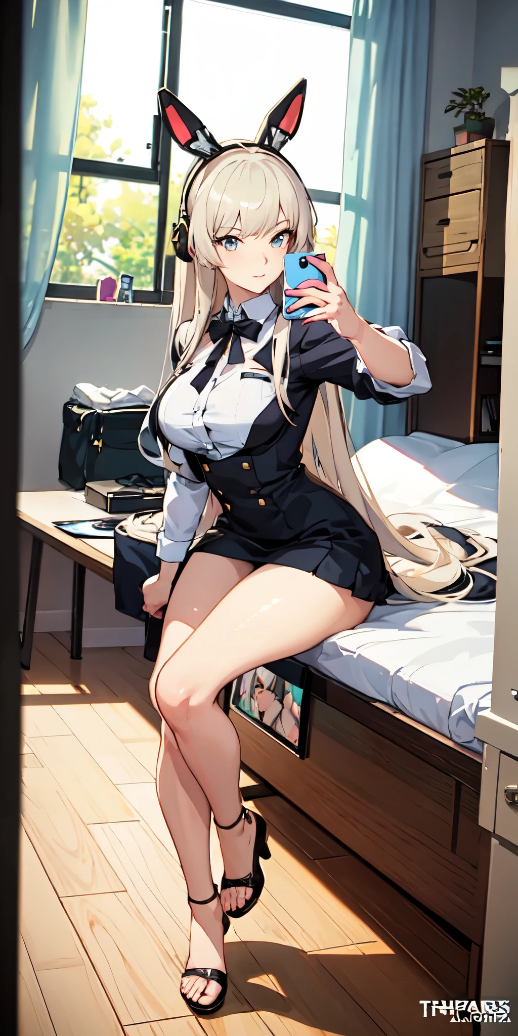 1girl,big breasts,hotel room,bed,(8k),
,detailed face,white hair,lavender eyes,long hair,embarassed,shy,high_res, high_definition,battlefield,sexy pose,black sexy lingerie,white military hat,open legs,