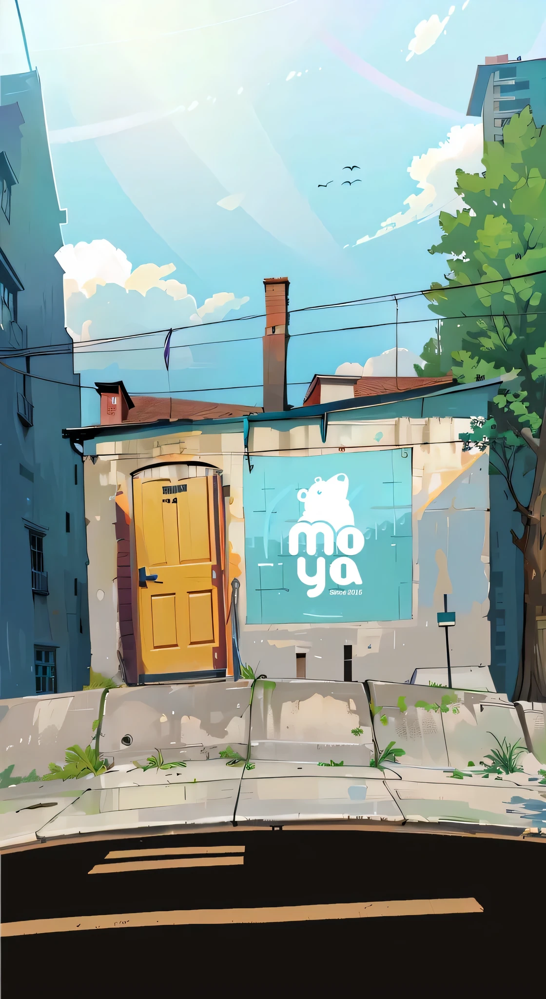 add door, industrial door, pixar style, and add lamp