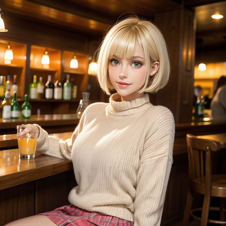 Beautiful woman blonde short hair with bangs pink lips light eyes orange wool sweater short green plaid skirt sitting in bar happy face 