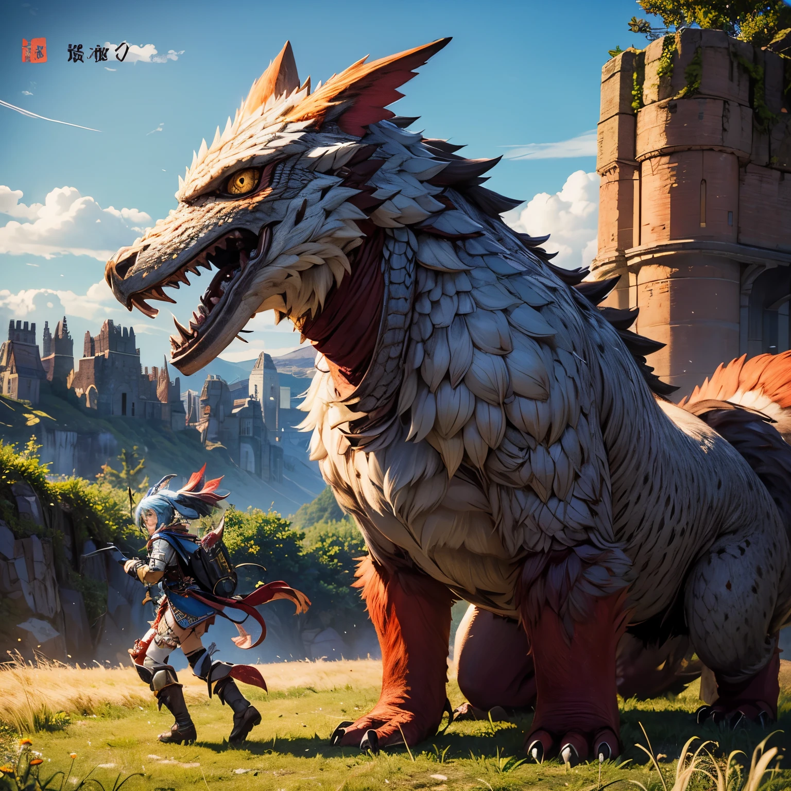 Super high quality、8K、Wonderful expression with attention to detail、cute girl monster hunter、Cool monsters travel together as friends.、Monster Hunter character costume、vast grassland background、