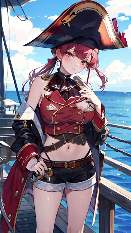 1 girl, masterpiece,  最high quality,  high quality, Marine, pirate, pirate hat,shorts