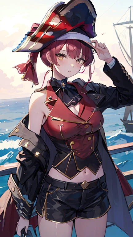 1 girl, masterpiece,  最high quality,  high quality, Marine, pirate, pirate hat,shorts