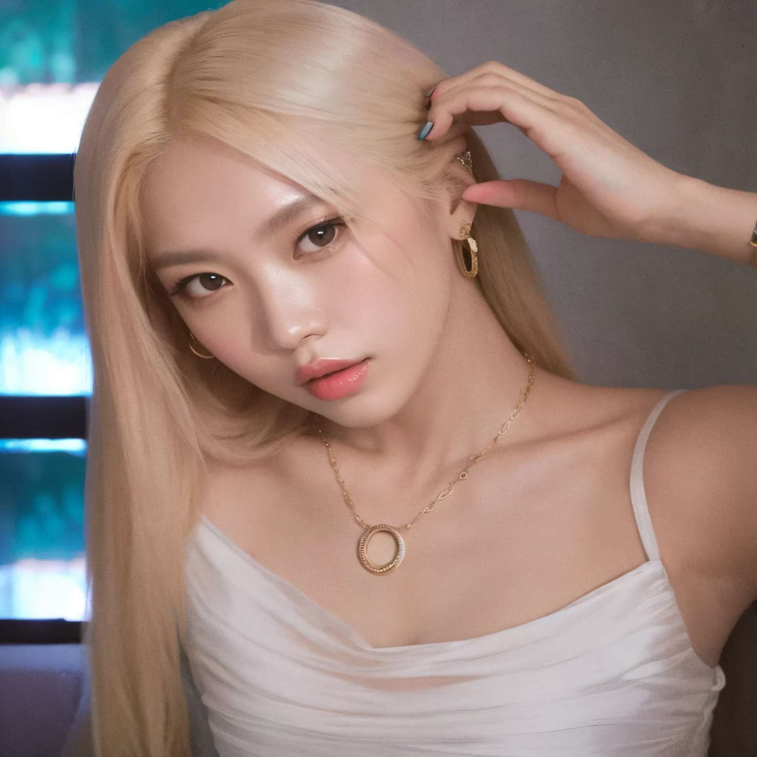 Blonde woman with long hair and a necklace around her neck, parque roseanne de blackpink, portrait of jossi do blackpink, jossi do blackpink, Kim Doyoung, Sun Yunjoo, Heonhwa Choe, jaeyeon nam, ava max, retrato de jisoo blackpink, taejune kim, Jinyoung Shin, Sha Xi, estacionar a partir de-min, Portrait of female Korean idol