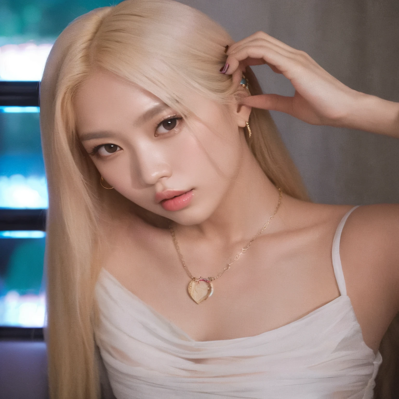 Blonde woman with long hair and a necklace around her neck, parque roseanne de blackpink, portrait of jossi do blackpink, jossi do blackpink, Kim Doyoung, Sun Yunjoo, Heonhwa Choe, jaeyeon nam, ava max, retrato de jisoo blackpink, taejune kim, Jinyoung Shin, Sha Xi, estacionar a partir de-min, Portrait of female Korean idol