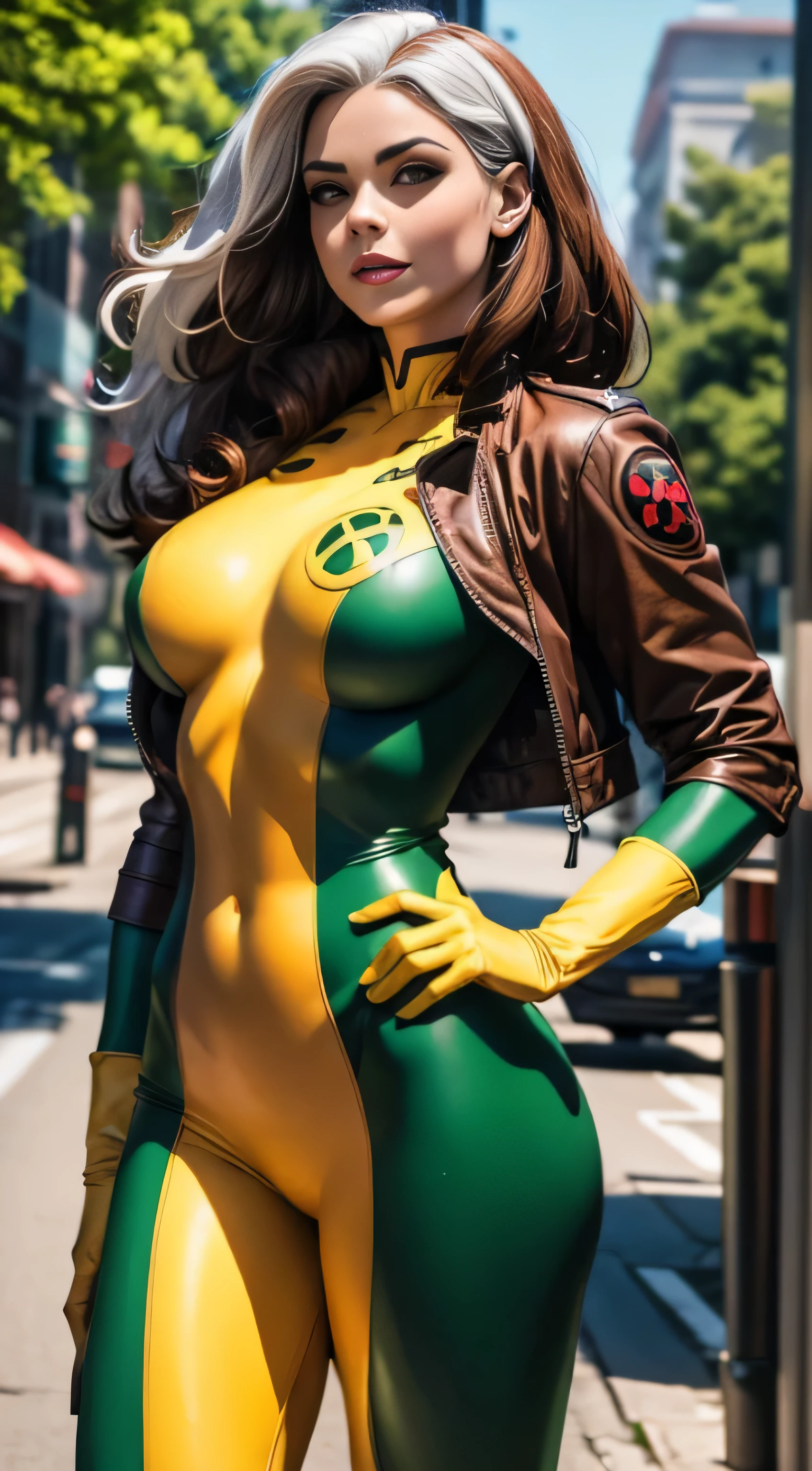 (obra de arte:1.0), (melhor_qualidade:1.2), Classic Rogue, 1991 Vampira X-Men, 1 garota, Apenas, full body view, standing, de frente para o espectador, hand on hip, pose de modelagem, postura confiante, Medium length hair, cabelo castanho, cabelo ondulado, Messy hair, uma mecha de cabelo branco, arco de cabelo, olhos verdes, olhar travesso, sorrindo, parted lips, curvaceous figure, medium to large breasts, batom, inventar, jaqueta, luvas, cinto, yellow luvas, bodysuit verde, multicored bodysuit, pele firme, open jaqueta, arco de cabelo, multicored clothes, olhando para o espectador, luz solar, luz do sol, fonte de luz do lado, (realismo: 1.5), (realista: 1.4), (absurdo:1.4), 8k, ultra-detalhado, Mulher bonita detalhada, (Apenas:1.4) , 1 garota, fundo do jardim, muros e caminhos de pedra, wisteria trees, Outside the mansion, arte oficial, papel de parede CG Unit 8K extremamente detalhado, perfect lighting, colorida, ultra high resolution, fotografia, 8k, HDR, Retrato Kodak 400, Film grain, fundo desfocado, (Bokeh:1.2), reflexo de lente, (vibrante_cor:1.2), fotografia profissional