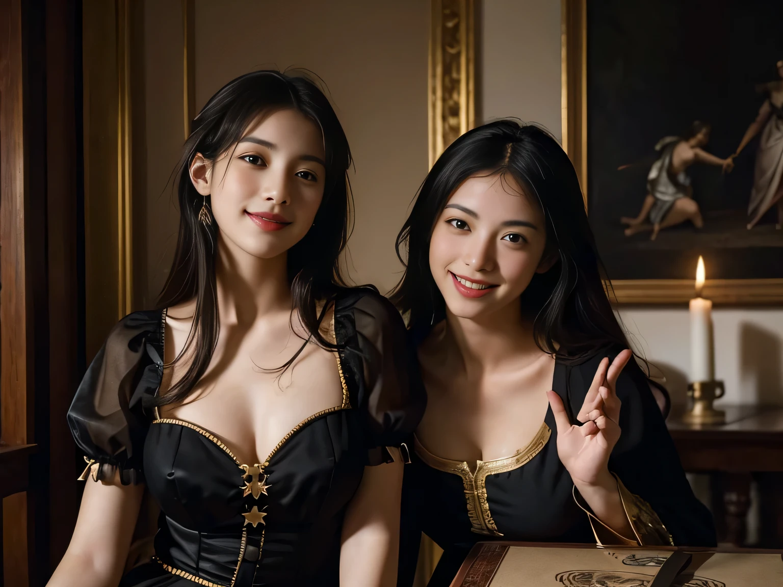 Two Girls, length_hair, bright_hair_color, Fascinating_eye, mysterious_Performance, Mature Woman_exterior, glamorous_Costume, Flowing_dress, elegant_jewelry, complicated_Decoration, magic_symbol, Shine_accessories, Portion, Scroll, cute_accent, bow, ribbon, Flowers,A tiny bit of cleavage is visible,sexy,Chest close-up