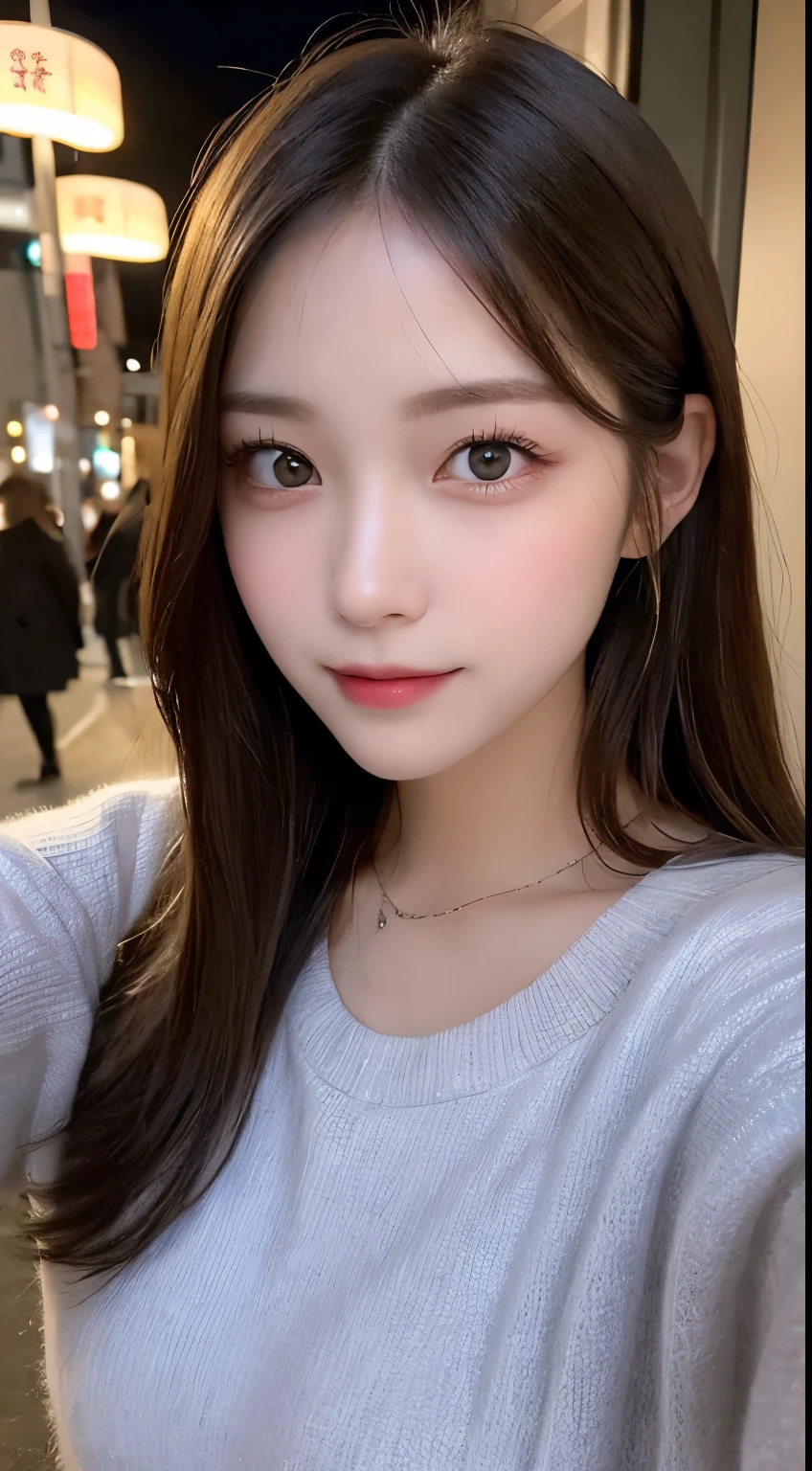 table top, highest quality, figure, super detailed, finely, High resolution, 8k wallpaper, 完璧なダイナミックな構figure, beautiful and fine eyes, Latest trendy fashion Tokyo winter clothes,medium hair, small breasts, natural color lip,smile,20 year old girl、midnight、beautiful and detailed face、perfect and beautiful face、slim face and style,spread your arms wide,Big eyes,Take a photo from below the knees at a face angle、small face、beautiful detailed face、perfect and beautiful double eyelids