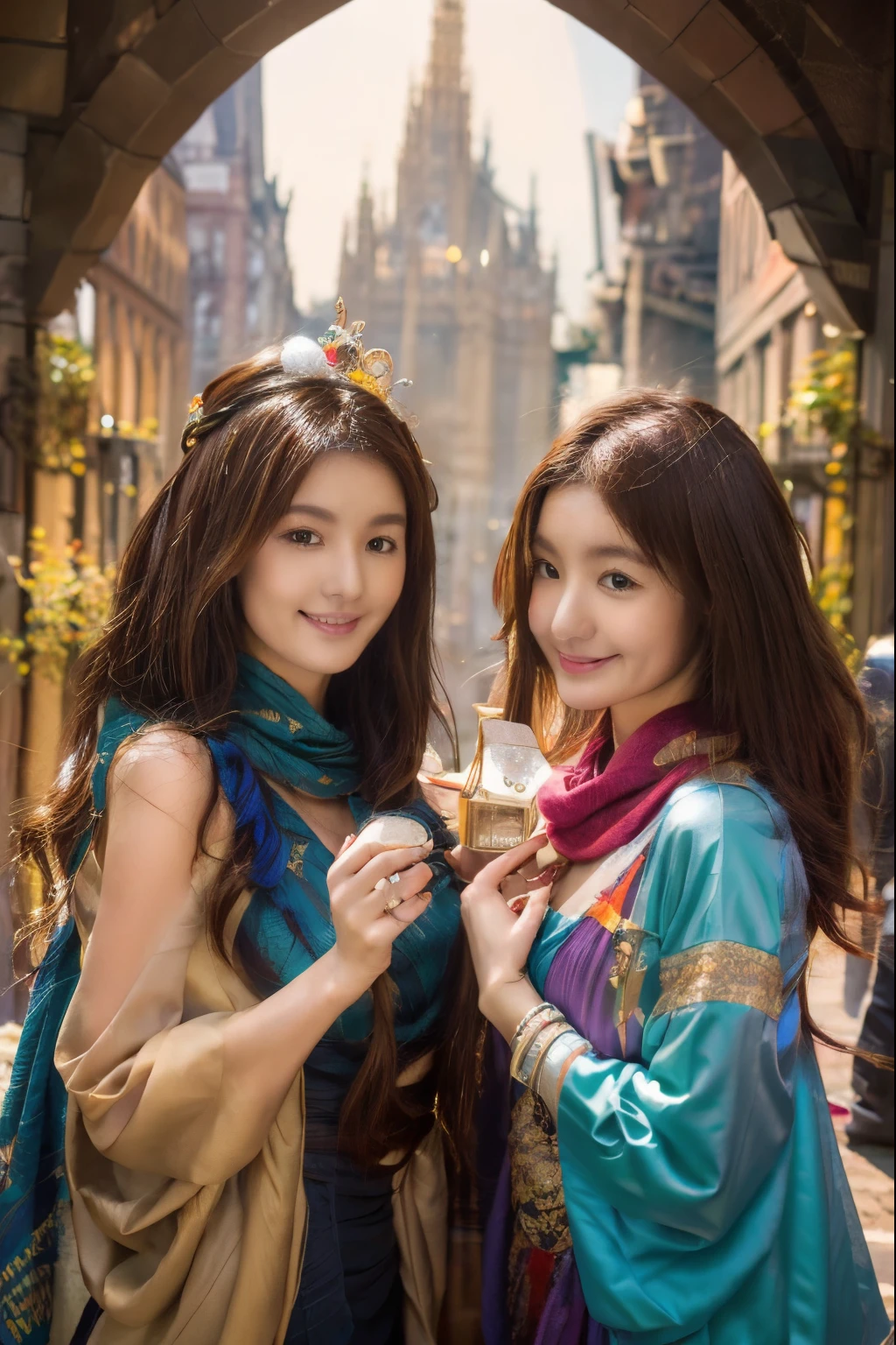 two girls, curious, fearless, smiling, wavy brown hair, dressed in colorful clothes and a magical scarf, next to the old fairy queen,