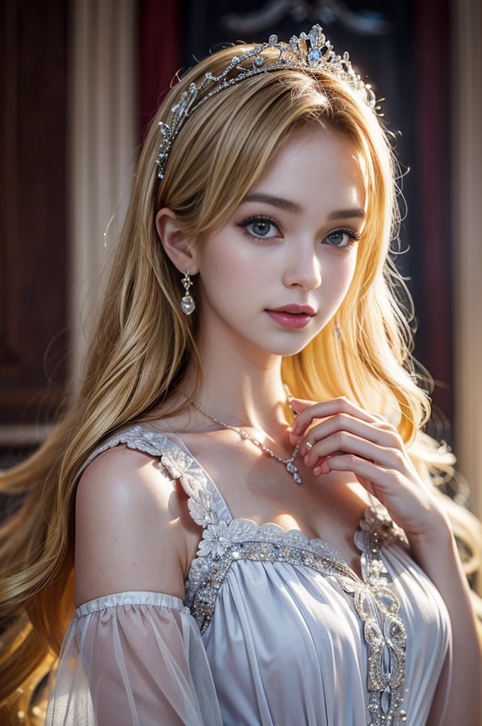 ((RAW shooting:1.5, realistic:1.5, 8K, highest quality, masterpiece, ultra high resolution)), Interior of a luxurious French royal palace, professional camera work:1.3, Highly detailed skin and facial textures:1.3, glow light effect, Super detailed:1.3, 1 cute 15 year old polish girl, Fair skin, Glossy skin, (elegant:1.4, small face), Ultimate Cute Face:1.5, (Clean eyes:0.9, looking far away), smile:1.0, (mouth is slightly open:0.4, Clean and refreshing taste:0.7), double eyelid, ((Super long blonde Nagoya curly hair)), tiara, necklace and earrings, ((elegantで光沢のあるサテンのプリンセスドレスをオフショルダーで正しく着こなす方法)), How big is your chest?, cowboy shot