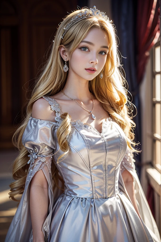 ((RAW shooting:1.5, realistic:1.5, 8K, highest quality, masterpiece, ultra high resolution)), Interior of a luxurious French royal palace, professional camera work:1.3, Highly detailed skin and facial textures:1.3, glow light effect, Super detailed:1.3, 1 cute 15 year old polish girl, Fair skin, Glossy skin, (elegant:1.4, small face), Ultimate Cute Face:1.5, (Clean eyes:0.9, looking far away), smile:1.0, (mouth is slightly open:0.4, Clean and refreshing taste:0.7), double eyelid, ((Super long blonde Nagoya curly hair)), tiara, necklace and earrings, ((elegantで光沢のあるサテンのプリンセスドレスをオフショルダーで正しく着こなす方法)), How big is your chest?, cowboy shot