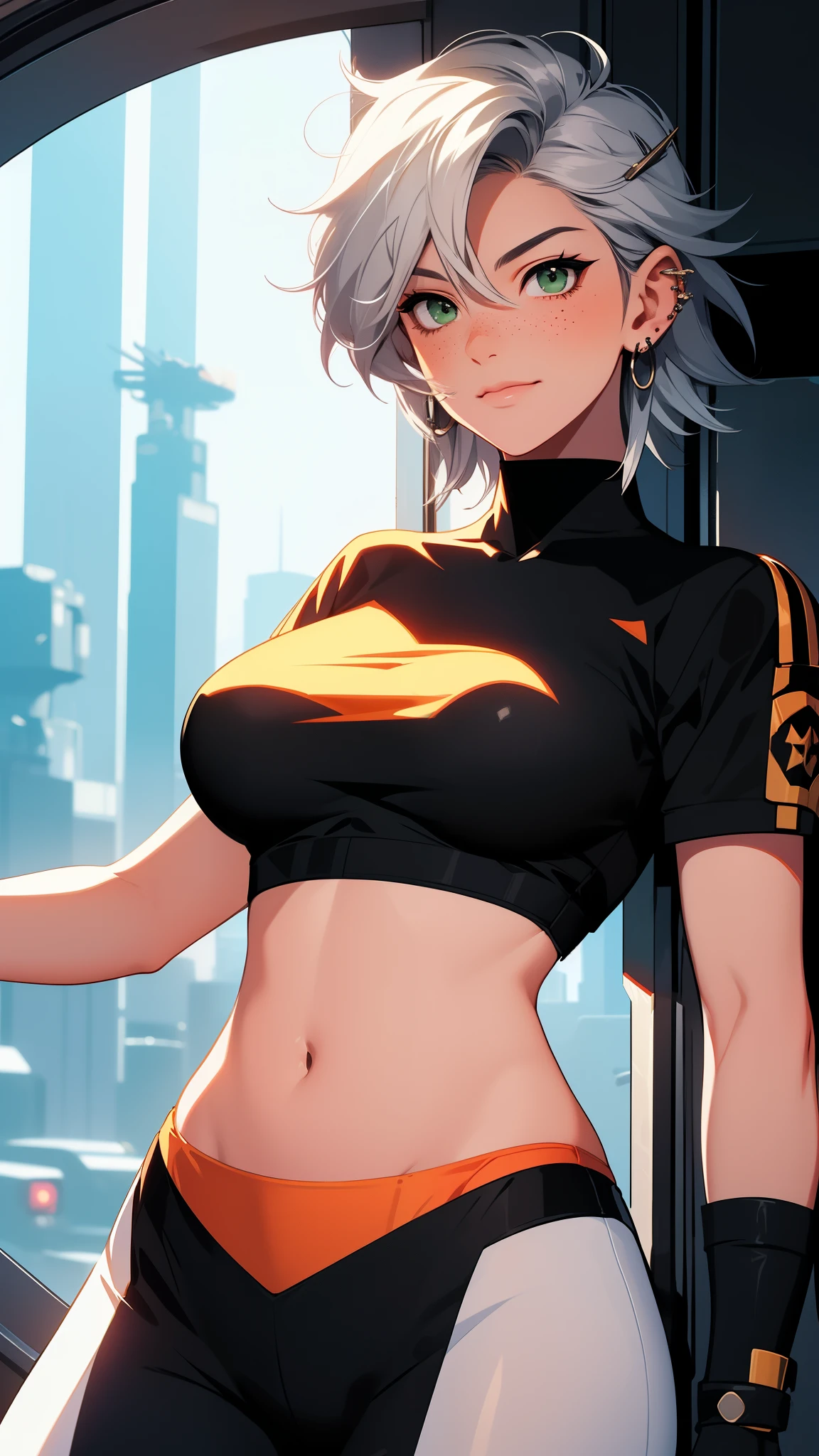 1female , undercut hair , wavy hair ,short hair, black Hair , golden Eyes , lean build ,teen female , Serious Expression , Modern City Background , modern city background,White Bra with A superman S symbol , Tied Skirt Around Waist , No Pants, beach wear